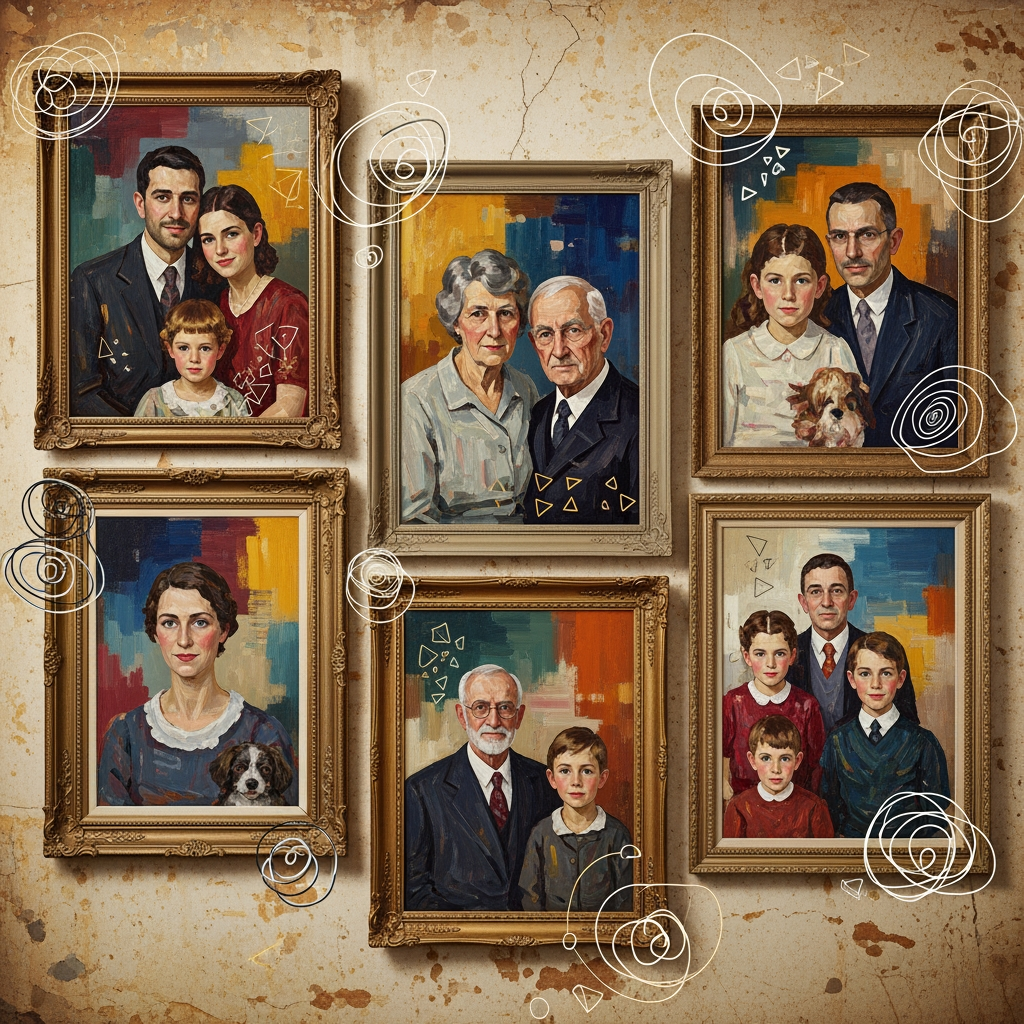 AI Design for make a bunch of painterly vintage framed family portraits with abstract details on a wall, very artistic and textured, hand drawn impression