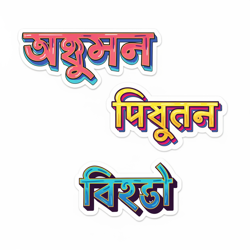 Create a highly detailed professional AI image generation prompt for a bold Bangla typography sticker illustration collection inspired by trendy pop-art, Y2K sticker culture, and modern South Asian street aesthetics. The composition should feature expressive Bangla words designed as individual decorative sticker graphics with thick outlines, glossy highlights, playful shadows, layered borders, and vibrant neon color palettes similar to fashionable social-media sticker packs and contemporary youth merchandise.

The Bangla words to illustrate are:

“অভিমান”
“পিছুটান”
“বিরহ”

CRITICAL REQUIREMENT:
Ensure the Bangla spelling is 100% accurate, culturally authentic, highly readable, and visually balanced. The Bangla typography must remain legible even with stylization. Preserve correct Bangla character structure, spacing, vowel signs, conjunct letters, and headline alignment. Do not distort the script beyond recognition.

Art Direction:

Create each word as a separate expressive typographic artwork
Inspired by playful sticker aesthetics, kawaii pop graphics, neon signage, retro desi typography, and trendy digital doodle art
Thick white outer sticker border around each word
Additional colored offset shadow borders (pink, purple, yellow, magenta gradients)
Puffy bubble-letter styling mixed with hand-lettered Bangla calligraphy
Glossy candy-like finish with subtle highlights
Bold black inner outlines for readability
Dynamic layered typography with depth and dimensionality
Add decorative elements around the words:
sparkles
hearts
stars
drips
flowers
smiley faces
abstract blobs
leopard-print accents
shiny reflections
cute doodles
Vibrant color palette:
hot pink
purple
neon yellow
electric magenta
white
black accents
occasional coral and red tones
Background should be deep dark purple or transparent
High contrast for sticker usability
Composition should resemble premium die-cut vinyl stickers
Clean vector-style illustration quality
Smooth curves and polished professional linework
Youthful, emotional, expressive mood matching the meanings of the words
“অভিমান” should feel soft, emotional, dramatic
“পিছুটান” should feel nostalgic and dreamy
“বিরহ” should feel poetic, melancholic, romantic

Rendering Style:

ultra-clean vector illustration
premium sticker pack aesthetic
crisp edges
high-resolution
print-ready
modern digital illustration
bold contour lines
layered drop shadows
subtle 3D depth
vibrant saturated colors
trendy Instagram sticker aesthetic
Behance-quality typography artwork
balanced spacing and typography hierarchy

Negative Prompt:
low resolution, unreadable Bangla text, incorrect Bangla spelling, distorted letters, messy typography, extra characters, broken conjunct letters, warped script, blurry edges, realistic photography, muted colors, flat design, poor composition, pixelation, cluttered layout, thin outlines, bad kerning, AI text artifacts, illegible typography