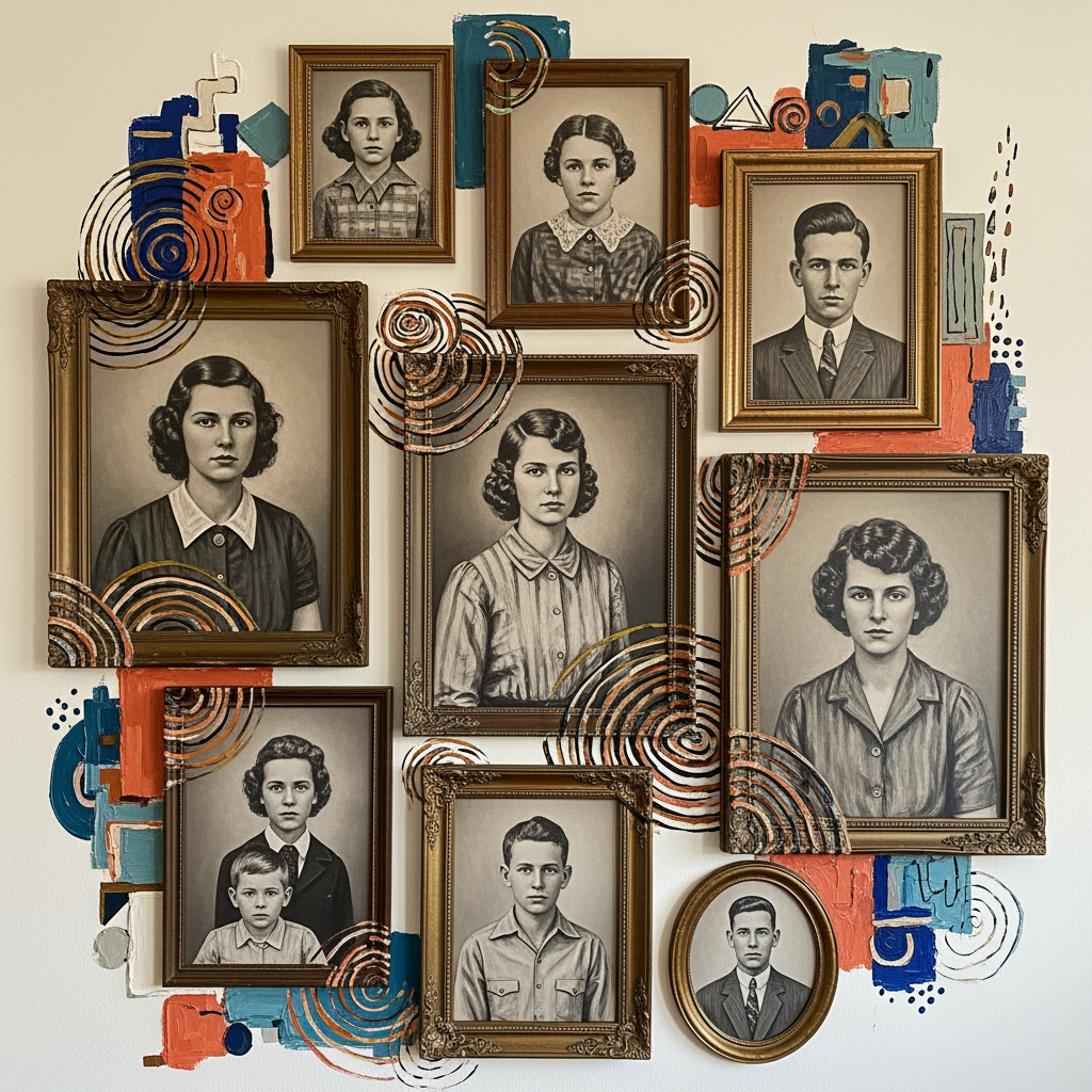 AI Design for make a bunch of painterly vintage framed family portraits with abstract details on a wall, very artistic and textured, hand drawn impression