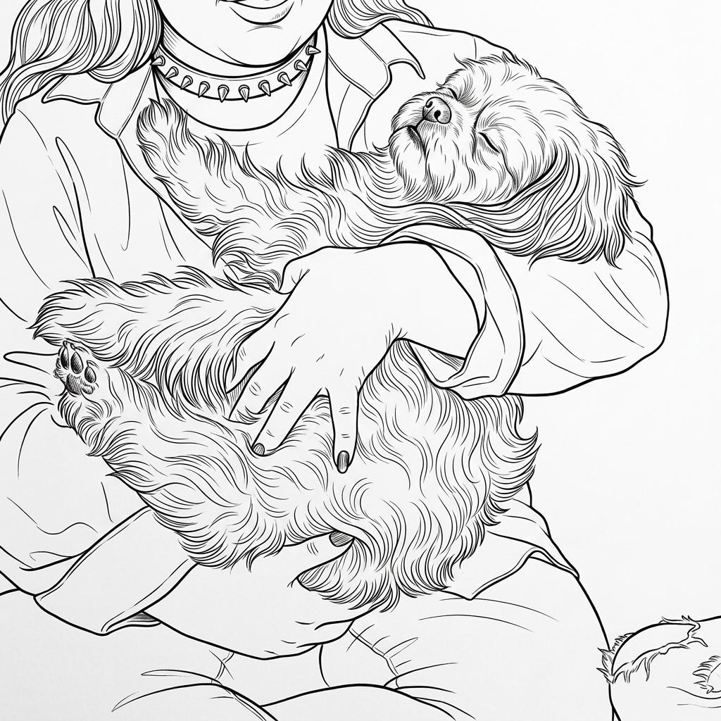 AI Design for redraw the first image in the exact same art style as second image and make sure the face of the dog is recognizable, the illustratrion will be on solid white background. create a highly detailed clean lineart illustration of this image

no shading only lineart