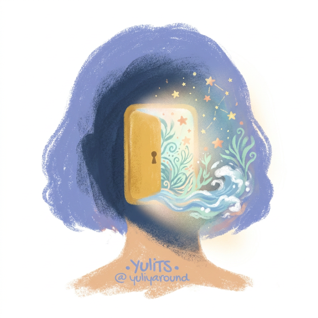 AI Design for (follow art style of attached image)A minimal symbolic illustration of a small doorway inside a person's silhouette. Beyond the doorway is a mysterious but peaceful inner landscape filled with stars, plants, water, and soft light. The doorway represents entering the unconscious mind through shadow work.

The contrast between outside and inside should feel gentle and inviting, representing exploration rather than fear.

Composition: simple icon-like structure with poetic depth.

Style: minimalist surreal illustration, fine artistic details, calm therapeutic visual identity, contemporary mindfulness artwork.

Mood: courage, exploration, transformation. only illustration on solid white background