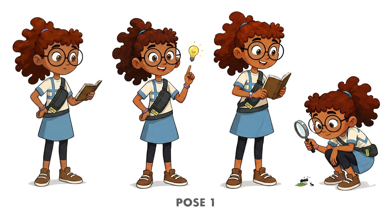 AI Design for the second image is the final revision. the bag should be the same for all poses. revise all the poses in the first image with the exact same character details as the second image, ensure accuracy and detail. all poses have the same bag as in second image