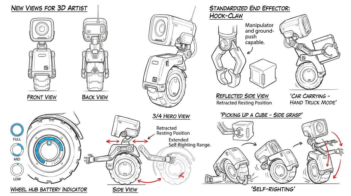 AI Design for In the side view, are you suggesting that the shoulder mounts can slide horizontally? I like that idea, as it would allow the robot to have a more humanoid silhouette when its shoulders are positioned directly below its neck.
The self-righting idea is also interesting. However, it requires the arms to reach the ground. Could the shoulder mounts move from the position you have shown and continue downward along the curved path marked in red? This would give the arms a greater range of movement, and it is the kind of mechanism I would be able to animate.
I would also like to understand how the arms fold when they are not being used. Could they retract or rest closely against the body without interfering with the wheel? I need to see a natural resting position.
The “carrying – hand truck mode” pose is still a little unclear to me. Does the robot use claws instead of hands in that pose? The end effectors do not appear to be the same as those shown in the other views.
We should probably decide whether it has hands, claws, hooks, or another simpler type of end effector that can both manipulate the cube and push against the floor when the robot is recovering.
As you know, I intend to use machine learning to teach it physical abilities such as picking up cubes. I believe the interaction would be easier to implement and learn if the cube were grasped from its sides. Grasping it from above could also work, although it may be more difficult. I would avoid grasping it from underneath, as I do not currently see a practical way to animate or train that movement.
For the battery indicator, I imagine a circular gauge integrated into the inside of the wheel, similar to the attached reference. A luminous ring, perhaps blue, could gradually empty as the battery level decreases. Ideally, it should remain directly visible on the robot.
Finally, could you also add front and back views for the 3D artist?