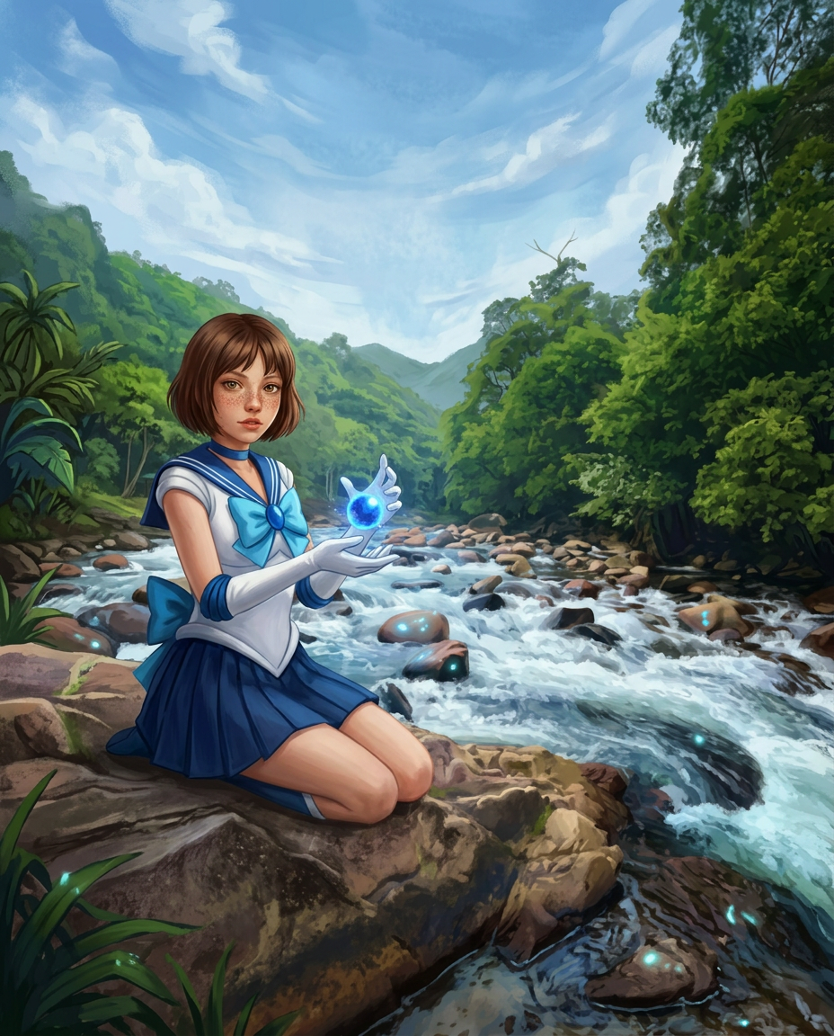 AI Design for draw stunning fantasy, dnd, or game character concept art of the landscape in the first image, with the girl in the second image wearing the costume in the 3rd image sitting by the rocks on the left side of the foreground of the scene. the girl will be looking at us.