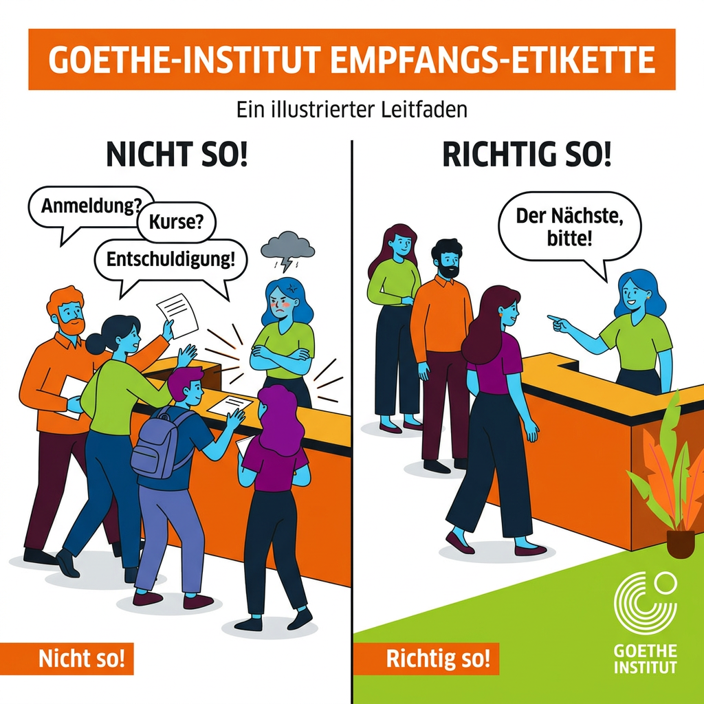 AI Design for Create a vibrant Goethe-Institut comic poster illustrating reception area etiquette.
Show a reception desk as central composition.
LEFT SIDE (DON'T)
Several visitors crowd around reception.
Characters interrupt staff.
Overlapping speech bubbles.
Visual chaos.
Humorous frustration.
RIGHT SIDE (DO)
Visitors form an orderly queue.
Comfortable spacing.
Receptionist calls next visitor.
The next person approaches.
Positive expressions.
Clear visual hierarchy.
Dynamic composition inspired by modern editorial illustration.
Flat vector design.
High readability.
Minimal text.