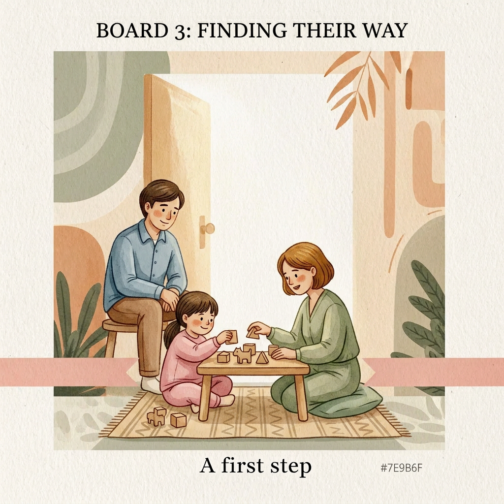 AI Design for BOARD 3 PROMPT
“Finding their way”
AI Image Generation Prompt:
A square handcrafted watercolor and gouache illustration showing the child beginning to discover confidence.
Use the exact same parent, child, and therapist characters from previous boards.
The therapist wearing warm sage clothing and the child wearing pink are now actively engaged together in a playful shared activity. They sit together on the floor or at a low wooden table. They are stacking simple wooden blocks, sorting shapes, arranging pictures, or playing a gentle creative game.
The activity must feel playful and natural, never clinical.
The child is participating willingly, showing a small genuine smile and curiosity. The therapist supports but does not control. The parent in warm blue clothing sits nearby watching with encouragement and pride.
The child's posture is more open: sitting upright, looking outward, hands actively exploring.
The soft ground ribbon continues.
Emotion:
Tentative confidence, discovery, connection, first meaningful progress.
Colour:
Noticeably brighter than previous boards. Warm honey tones, richer sage, more light entering the scene. Still restrained and harmonious.
Composition:
The child and therapist are the visual focus. Parent remains nearby but secondary.
Style:
Painterly editorial illustration, handmade texture, watercolour washes, gouache layers, subtle ink outlines, warm natural interior aesthetic.
Avoid:
clinical therapy tools
classroom environment
exaggerated happiness
cartoon characters