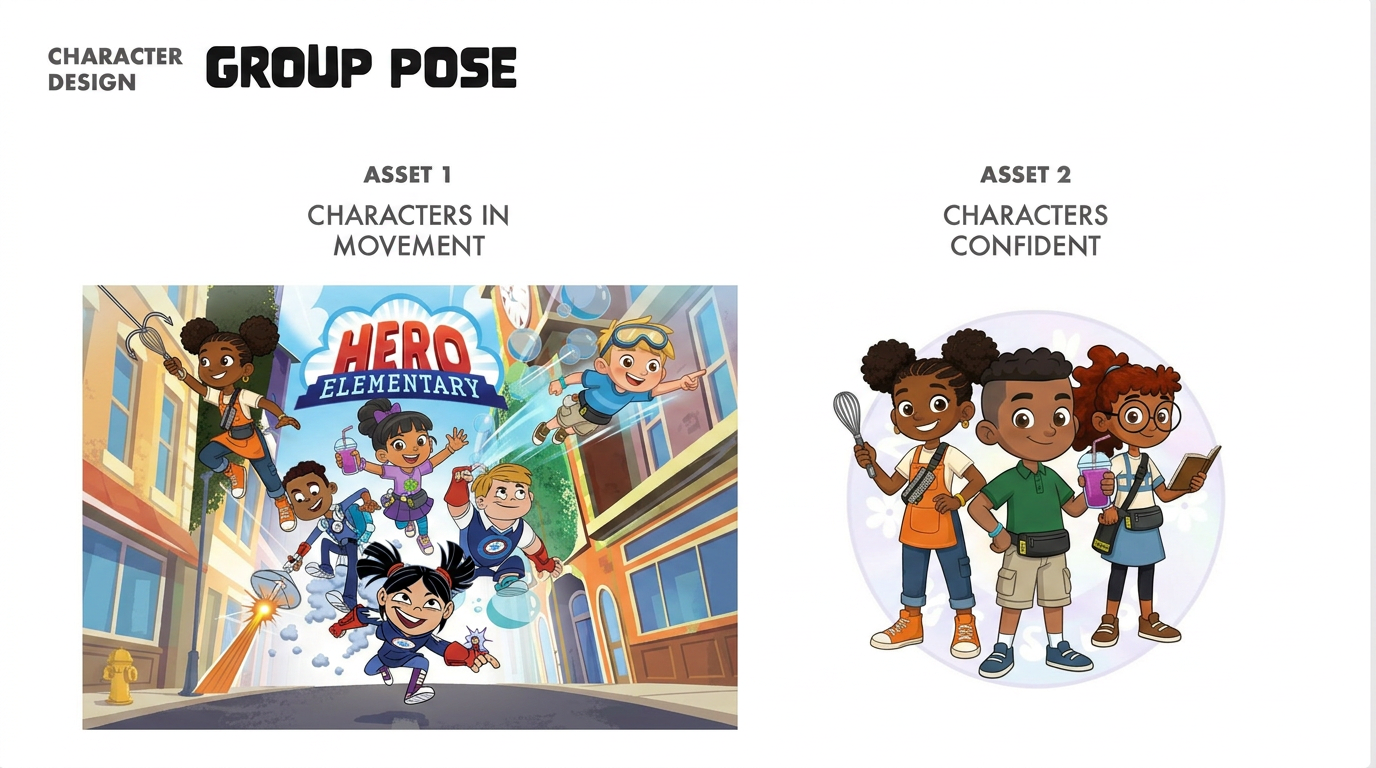 AI Design for create THE FIRST ILLUSTRATION ACCORDING TO THE SECOND REFERENC IMAGE.  characters i  should be the 5 characters in the 2nd attached image