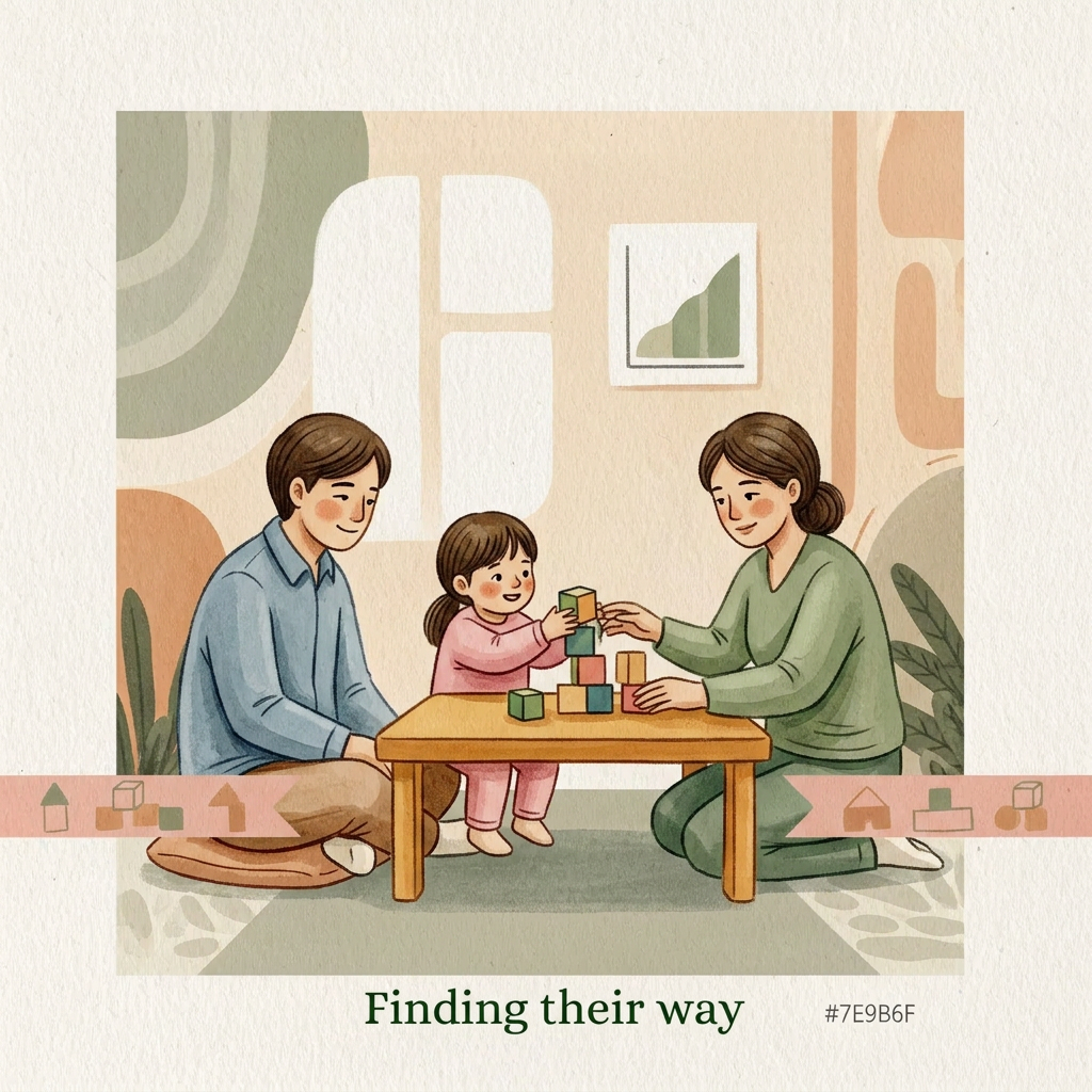 AI Design for Visual style:
A handcrafted editorial illustration for a children’s wellbeing centre interior wall, painted by a human illustrator. Soft watercolour washes combined with textured gouache and delicate hand-drawn ink outlines. Visible brush edges, subtle paper grain, imperfect organic contours, tactile handmade surface. Minimal but emotionally expressive composition. Avoid digital vector appearance. Warm natural materials aesthetic designed to sit against pale yellowish wooden panels under warm spotlight illumination.
Surface and colour treatment:
Soft warm cream background (#F7F1E4), never bright white. Warm sage accents (#7E9B6F), deep green typography area (#3F6B3B), charcoal ink details (#2C2C2A). Warm honey neutrals, terracotta-leaning skin tones. Colours gradually transition from quieter muted tones on Board 1 to brighter warmer tones on Board 5. Matte printed artwork appearance, subtle canvas/paper texture.
Character consistency lock:
Parent: same adult character across all boards. Gentle facial features, warm expression, wearing signature muted warm blue clothing. Always present. Supportive but gradually stepping back.
Child: same child across all boards. Wearing signature pink clothing. The child grows physically and emotionally through the sequence:
Board 1: small, curled inward, holding tightly.
Board 2: slightly opening up.
Board 3: engaged and playful.
Board 4: upright and independent.
Board 5: confident, taller, walking forward.
Therapist: same character whenever present. Wearing warm sage/teal clothing. Calm, approachable, gentle presence. Appears first in Board 2.
Composition rules:
Square artwork, designed as one of five connected wall panels. Characters always face and move left-to-right. Maintain a consistent soft hand-painted ground ribbon at the same height across all boards. The ribbon should feel like a continuous path through the entire wall. Keep generous negative space for headline placement. No clutter. BOARD 3 PROMPT
“Finding their way”
AI Image Generation Prompt:
A square handcrafted watercolor and gouache illustration showing the child beginning to discover confidence.
Use the exact same parent, child, and therapist characters from previous boards.
The therapist wearing warm sage clothing and the child wearing pink are now actively engaged together in a playful shared activity. They sit together on the floor or at a low wooden table. They are stacking simple wooden blocks, sorting shapes, arranging pictures, or playing a gentle creative game.
The activity must feel playful and natural, never clinical.
The child is participating willingly, showing a small genuine smile and curiosity. The therapist supports but does not control. The parent in warm blue clothing sits nearby watching with encouragement and pride.
The child's posture is more open: sitting upright, looking outward, hands actively exploring.
The soft ground ribbon continues.
Emotion:
Tentative confidence, discovery, connection, first meaningful progress.
Colour:
Noticeably brighter than previous boards. Warm honey tones, richer sage, more light entering the scene. Still restrained and harmonious.
Composition:
The child and therapist are the visual focus. Parent remains nearby but secondary.
Style:
Painterly editorial illustration, handmade texture, watercolour washes, gouache layers, subtle ink outlines, warm natural interior aesthetic.
Avoid:
clinical therapy tools
classroom environment
exaggerated happiness
cartoon characters