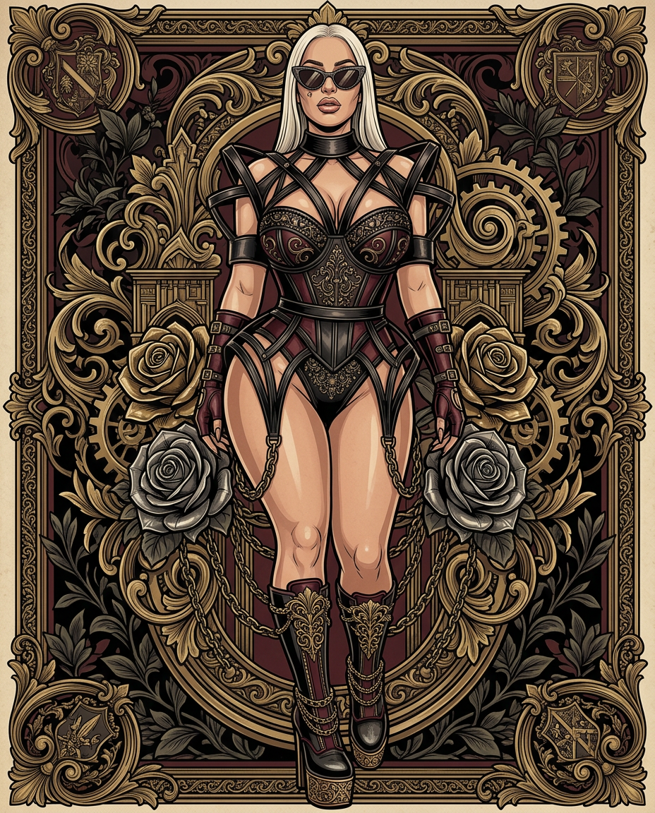 AI Design for Create a highly detailed, tshirt print illustration inspired by the reference subject while preserving her recognizable facial features, platinum-blonde hair, curvy silhouette, confident stance, and overall likeness. Dress the subject in an avant-garde haute couture ensemble featuring structured leather-inspired textures, corsetry, tailored gloves, geometric harness-inspired fashion details, metallic accents, dramatic platform heels, and oversized cat-eye sunglasses. Incorporate ornate filigree, roses, chains used purely as decorative fashion motifs, architectural flourishes, and a luxurious dark ornamental background. Emphasize confidence, power, sophistication, and high-fashion styling rather than explicit or sexual themes. Ultra-high detail, crisp clean linework, balanced composition, print-ready quality, intricate decorative borders, no text. 8K resolution, professional illustration.