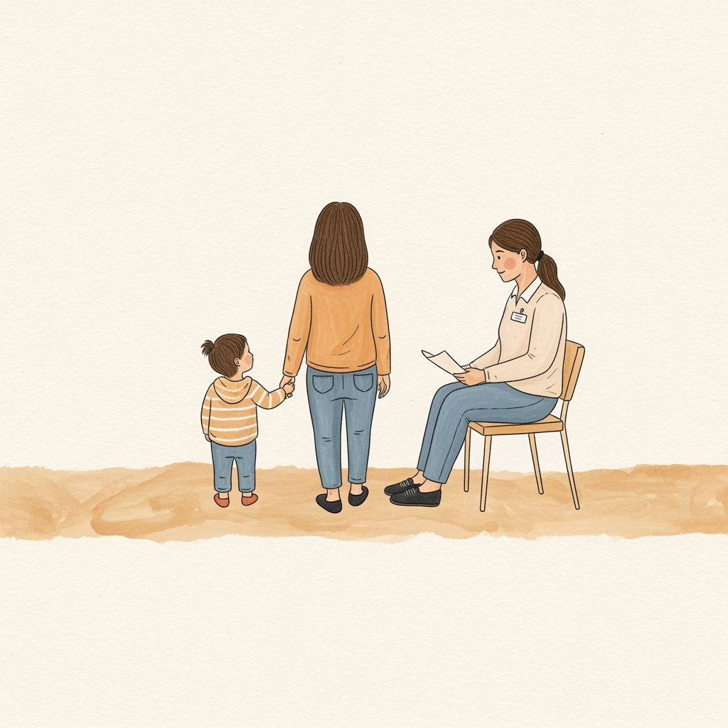 AI Design for A handcrafted editorial illustration for a children’s wellbeing centre interior wall, painted by a human illustrator. Soft watercolour washes combined with textured gouache and delicate hand-drawn ink outlines. Visible brush edges, subtle paper grain, imperfect organic contours, tactile handmade surface. Minimal but emotionally expressive composition. Avoid digital vector appearance. Warm natural materials aesthetic designed to sit against pale yellowish wooden panels under warm spotlight illumination.
Surface and colour treatment:
Soft warm cream background (#F7F1E4), never bright white. Warm sage accents (#7E9B6F), deep green typography area (#3F6B3B), charcoal ink details (#2C2C2A). Warm honey neutrals, terracotta-leaning skin tones. Colours gradually transition from quieter muted tones on Board 1 to brighter warmer tones on Board 5. Matte printed artwork appearance, subtle canvas/paper texture.
Character consistency lock:
Parent: same adult character across all boards. Gentle facial features, warm expression, wearing signature muted warm blue clothing. Always present. Supportive but gradually stepping back.
Child: same child across all boards. Wearing signature pink clothing. The child grows physically and emotionally through the sequence:
Board 1: small, curled inward, holding tightly.
Board 2: slightly opening up.
Board 3: engaged and playful.
Board 4: upright and independent.
Board 5: confident, taller, walking forward.
Therapist: same character whenever present. Wearing warm sage/teal clothing. Calm, approachable, gentle presence. Appears first in Board 2.
Composition rules:
Square artwork, designed as one of five connected wall panels. Characters always face and move left-to-right. Maintain a consistent soft hand-painted ground ribbon at the same height across all boards. The ribbon should feel like a continuous path through the entire wall. Keep generous negative space for headline placement. No clutter.
BOARD 2 PROMPT
“Getting to know them”
AI Image Generation Prompt:
A square handcrafted watercolor and gouache illustration continuing the same story and characters from Board 1.
The therapist enters for the first time. The same parent in warm blue clothing stands slightly behind the child, remaining close and supportive. The same child in pink clothing is still hesitant but beginning to open up.
A warm sage/teal-clothed therapist kneels down at the child’s eye level, creating a gentle equal connection. The therapist offers an open hand or a simple toy, not as an assessment tool but as an invitation to connect. The child looks outward for the first time, showing cautious curiosity.
The scene should communicate being welcomed and understood rather than being examined.
The therapist occupies a supportive position, never dominating the child. The parent remains emotionally present.
Soft ground ribbon continues across the bottom.
Emotion: first trust, curiosity, first moment of connection.
Colour palette: slightly warmer than Board 1. More honey tones, warmer cream, gentle sage accents begin appearing.
Composition:
Child remains slightly small and close to parent. Therapist creates a bridge between them.
Style:
Hand-painted children’s therapy centre mural, textured paper grain, loose organic linework, warm human storytelling illustration.
Avoid:
medical assessment
clipboards
therapy equipment
clinical office appearance
forced interaction