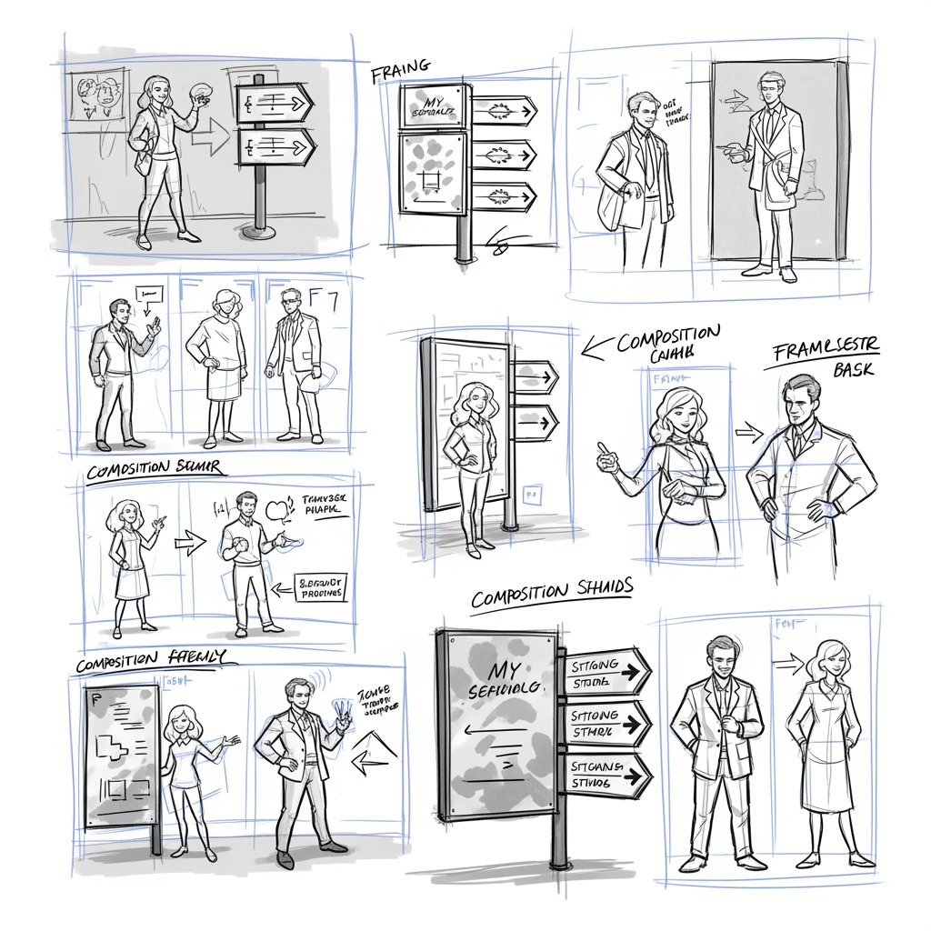AI Design for Create a professional concept presentation board showing rough thumbnail sketches for a corporate comic signage system.
Style: loose designer sketchbook drawings, black ink linework, light grey marker shading, blue pencil construction lines visible, concept art presentation quality, storyboard thumbnails, environmental graphic design proposal, architectural sketch style, visual communication design process.
Not a finished illustration.
Not polished artwork.
Show multiple composition explorations on a single presentation sheet.
Include handwritten design notes, directional arrows, framing boxes, composition callouts, camera angle indicators, character pose explorations.
The sketches should look like they were created by a professional creative director pitching concepts to a client.
White presentation board background.
Clean layout.
Readable visual hierarchy.
Focus on composition, storytelling, character placement, and visual communication rather than detail rendering.
Corporate comic style.
Humorous but professional.
Dynamic poses.
Expressive body language.
Strong silhouettes.
Foreshortening studies.
Visual storytelling.
Environmental signage design.
Information design.
Visitor guidance graphics.