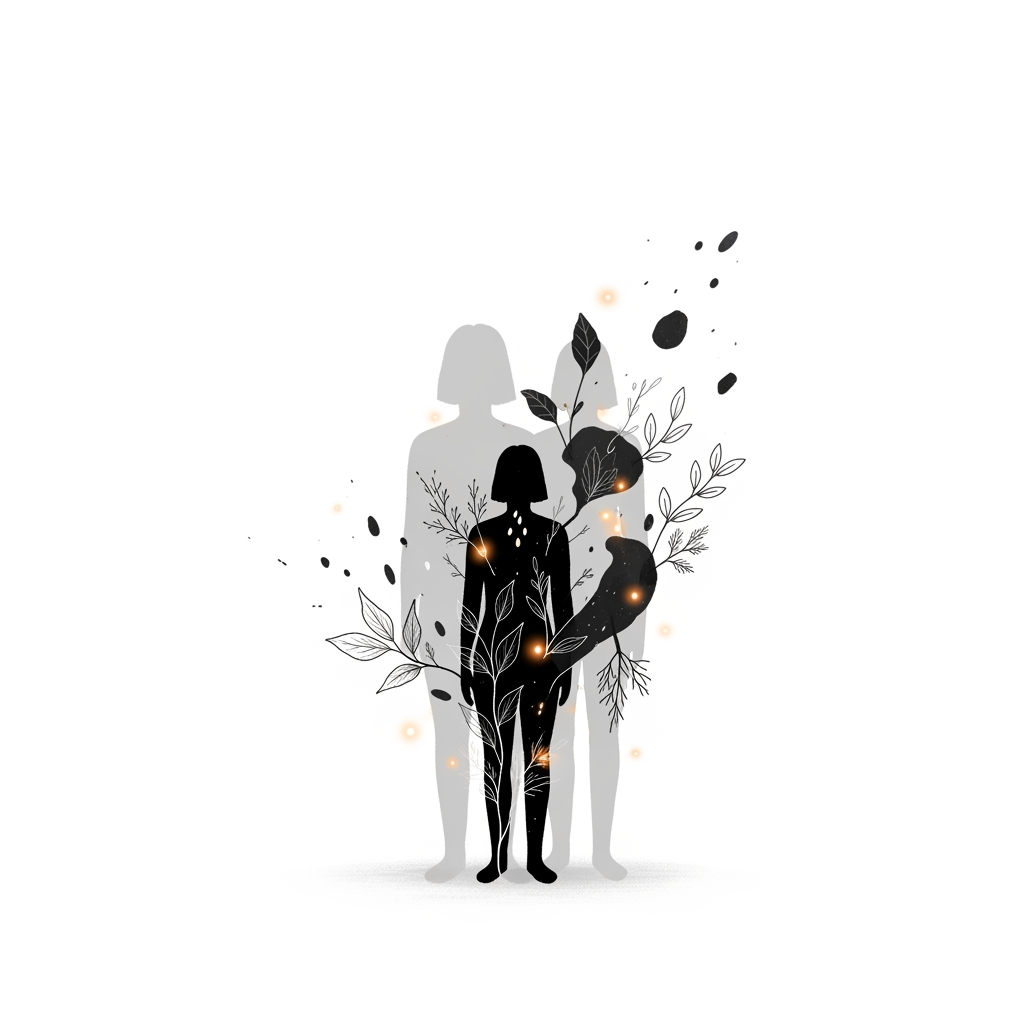 AI Design for Minimal symbolic illustration exploring Jungian shadow work and inner integration. A solitary human silhouette standing before a soft translucent shadow version of themselves, not frightening but contemplative and compassionate. The shadow gently mirrors the person, representing forgotten emotions, suppressed memories, and unseen parts of the psyche. Use poetic visual metaphors: fragments of darkness transforming into delicate botanical forms, small glowing points emerging from within the shadow, suggesting awareness and healing.

Composition: centered, spacious, quiet, with large areas of negative space. Elegant minimal arrangement, emotionally intimate, suitable for a mental wellness workshop poster. only illustration on solid white background


Style: refined editorial illustration, delicate hand-drawn quality, subtle organic imperfections, poetic symbolism, calm psychological atmosphere, minimalist storytelling.

Mood: introspective, safe, compassionate, transformative.

Avoid: horror imagery, dramatic darkness, fear, trauma depiction, realistic portrait details.