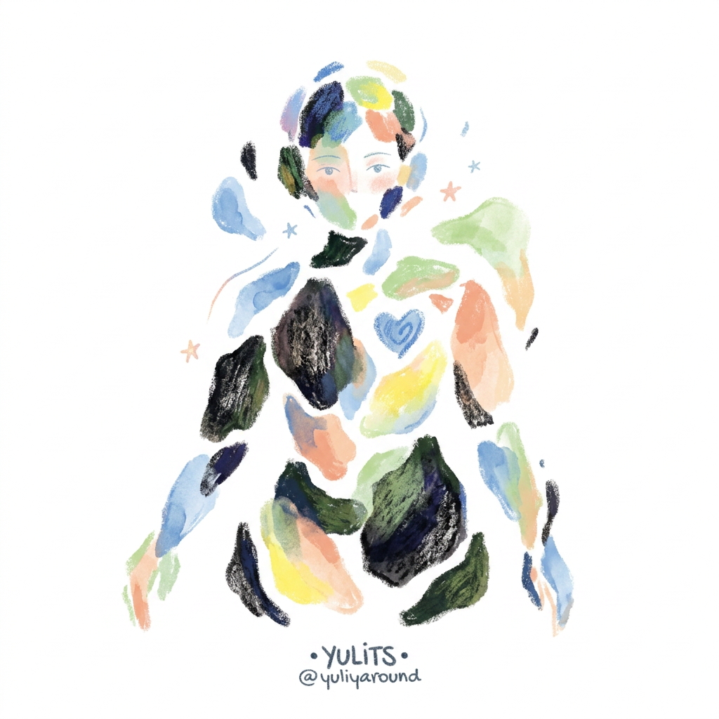 AI Design for (follow art style of attached image)Minimal abstract illustration showing a human form composed of floating fragments slowly coming together. Each fragment represents emotions, memories, identities, and experiences. Some pieces are dark and textured, others light and organic, showing that every part belongs.

The completed form should feel peaceful and whole, symbolizing integration rather than perfection.

Composition: balanced asymmetry, subtle movement, lots of breathing space.

Style: refined minimalist illustration, philosophical visual storytelling, delicate organic textures, modern mental health campaign aesthetic.

Mood: healing, belonging, self-acceptance. only illustration on solid white background