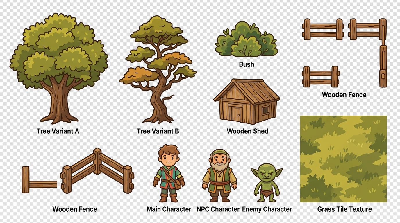 AI Design for Create a professional-quality, production-ready flat vector illustration asset pack for a 2D top-down adventure/RPG game. The artwork should be designed specifically for SVG export, with every illustration built using clean vector paths, organized layer hierarchy, and logical <g> grouping suitable for direct implementation inside a custom SVG game engine.
The illustrations must NOT include backgrounds or environmental scenes. Every object should be an independent asset with transparent background, centered on its own canvas, allowing it to be positioned dynamically by the game engine.
Overall Style
Clean flat vector illustration
Modern indie game aesthetic
Friendly stylized fantasy world
Readable at very small sizes (32–128 px)
Strong silhouettes
Bold but elegant outlines
Limited color palette
Soft earthy colors
Minimal shading
Flat fills with occasional subtle tonal variation
No gradients
No raster effects
No textures baked into objects
No drop shadows
No lighting effects
Pure vector construction
Consistent line thickness
Crisp edges
Simple geometric construction
Slight hand-drawn charm while remaining mathematically clean
Think of:
Cozy indie adventure games
Board-game illustrations
Storybook vector graphics
Casual strategy game assets
Modern SVG iconography combined with cartoon illustration
SVG Technical Requirements
Generate artwork intended for direct SVG export.
Every asset must have:
grouped objects using <g> elements
meaningful hierarchy
separate groups for:
outline
fills
foliage
trunk
doors
roof
windows
accessories
character body
arms
legs
head
eyes
clothing
weapons
hair
effects (if any)
Avoid:
merged paths
clipping masks unless absolutely necessary
embedded raster images
filters
gradients
opacity masks
unnecessary anchor points
Use clean Bézier curves with optimized node counts.
Artwork should remain easily editable inside:
Inkscape
Illustrator
Figma
Affinity Designer
Asset List
1. Tree Variant A
Large leafy deciduous tree.
Features:
rounded canopy
thick trunk
visible roots
clustered foliage
slightly asymmetrical silhouette
warm green palette
simple bark lines
Designed to remain readable from a distance.
2. Tree Variant B
Different silhouette.
Possible ideas:
taller
thinner trunk
layered canopy
autumn variation
pine variation
twisted branches
Clearly distinguishable from Tree A.
3. Bush
Compact bush.
Requirements:
rounded organic shape
multiple foliage clusters
simple outline
several green tones
clean silhouette
4. Wooden Shed
Small rustic structure.
Features:
wooden planks
simple roof
tiny window
small door
charming proportions
slightly whimsical
fantasy-inspired but believable
No perspective distortion.
Top-down compatible.
5. Wooden Fence
Modular fence section.
Include:
single fence piece
corner piece
end piece
Designed so multiple copies connect seamlessly.
Character Design
Characters are displayed quite small on screen.
Prioritize:
silhouette
color separation
recognizable shapes
Avoid unnecessary tiny details.
6. Main Character
Friendly explorer.
Design:
colorful tunic
boots
satchel
expressive face
adventurous appearance
approachable personality
medium proportions
slightly oversized head for readability
Neutral standing pose.
7. NPC Character
Friendly villager.
Design ideas:
older traveler
merchant
farmer
wizard
herbalist
Warm personality.
Simple readable clothing.
Unique silhouette.
8. Enemy Character
Small hostile creature.
Options:
goblin
bandit
forest spirit
wolf-like creature
corrupted animal
Should visually contrast with friendly characters.
Simple but memorable.
Grass Tile Texture
Create a seamless repeating grass tile.
Requirements:
Inspired by stylized painted grass similar to the provided reference.
Characteristics:
layered brush-like shapes
irregular patches
soft color variation
warm greens
olive greens
muted yellow greens
occasional darker strokes
Maintain a flat vector appearance while suggesting natural variation.
Must tile perfectly in every direction.
No obvious repetition.
No visible seams.
No isolated objects.
No flowers.
No rocks.
No shadows.
Pure grass texture only.
Color Palette
Warm earthy colors.
Examples:
olive green
moss green
forest green
muted yellow
warm brown
bark brown
desaturated orange
soft beige
muted gray
Avoid saturated neon colors.
Composition
Each asset centered individually.
Consistent visual scale.
Consistent line weight.
Consistent proportions.
Designed for placement onto a game board without backgrounds.
Quality Requirements
Professional game production quality.
Vector artwork suitable for:
indie games
SVG game engines
procedural placement
animation-ready assets
interactive applications
The final assets should feel cohesive as a complete asset pack, maintaining a unified visual language across all objects and characters while remaining lightweight, highly readable, scalable to any resolution, and optimized for direct SVG implementation with clean grouped vector elements. the 3rd image is reference for exact art style