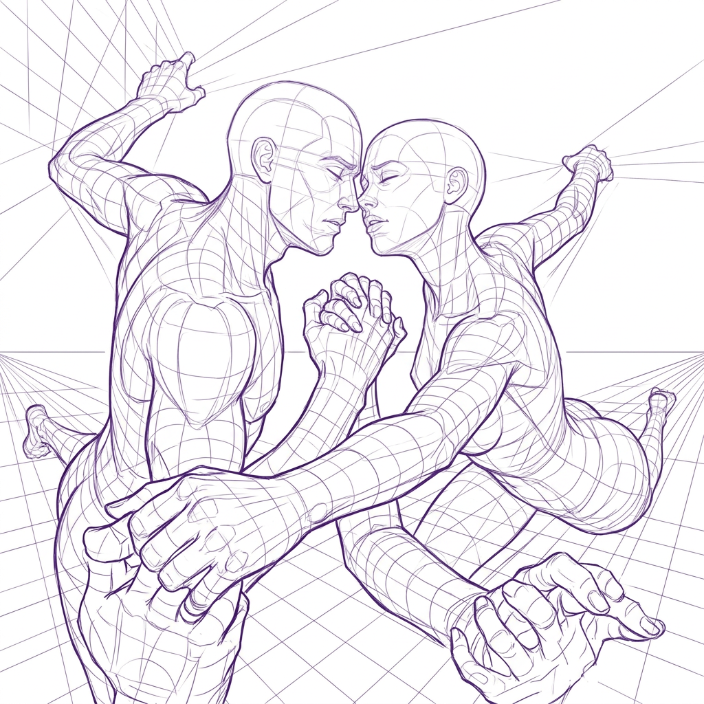 AI Design for make another version of this pose where a man and a woman look  in love but they look like they are trying to hold on to each other but being pulled apart. foreshortening pose, dynamic scene, bold composition