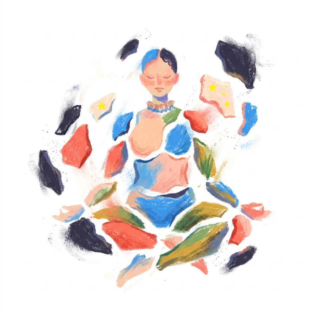 AI Design for (follow art style of attached image)Minimal abstract illustration showing a human form composed of floating fragments slowly coming together. Each fragment represents emotions, memories, identities, and experiences. Some pieces are dark and textured, others light and organic, showing that every part belongs.

The completed form should feel peaceful and whole, symbolizing integration rather than perfection.

Composition: balanced asymmetry, subtle movement, lots of breathing space.

Style: refined minimalist illustration, philosophical visual storytelling, delicate organic textures, modern mental health campaign aesthetic.

Mood: healing, belonging, self-acceptance. only illustration on solid white background