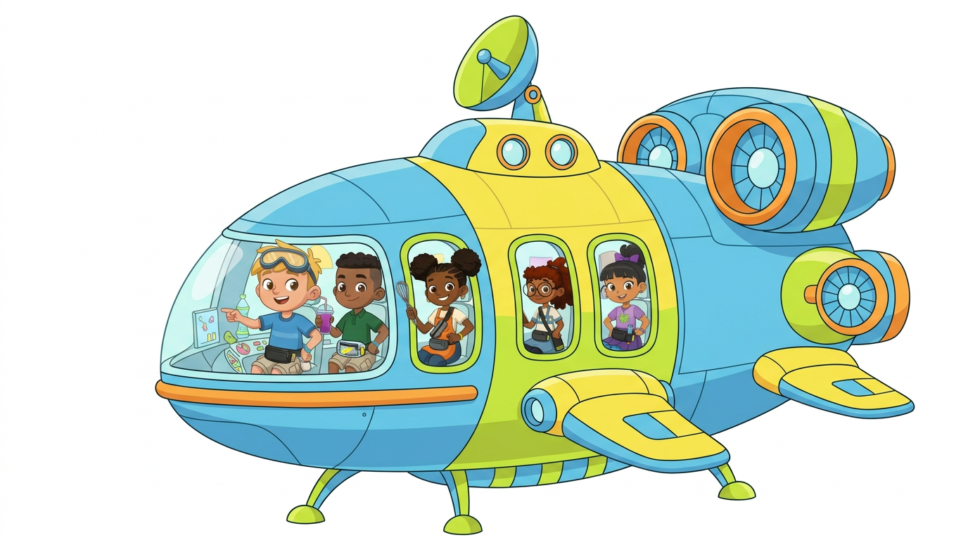AI Design for make updates to the illustrations in the first image according to the changes mentioned in the second image, ensure accuracy and detail of the character, high definition professional artwork. replace all the chaacters inside the space ship in the first image with the characters in the second image