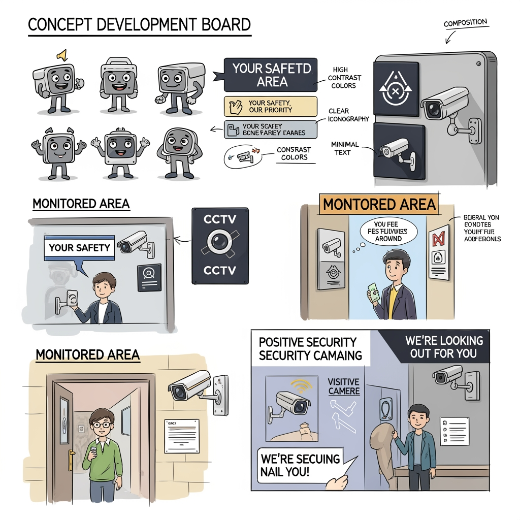 AI Design for CCTV Awareness
Prompt:
Create a concept development board showing rough illustration ideas for CCTV awareness signage.
Explore:
Friendly camera mascot
Modern security camera iconography
Humorous monitored-area scenes
Visitor noticing camera
Positive security messaging
Show multiple visual directions.
Creative process sketches.
Composition notes.
Information design concepts.
Architectural signage presentation style.