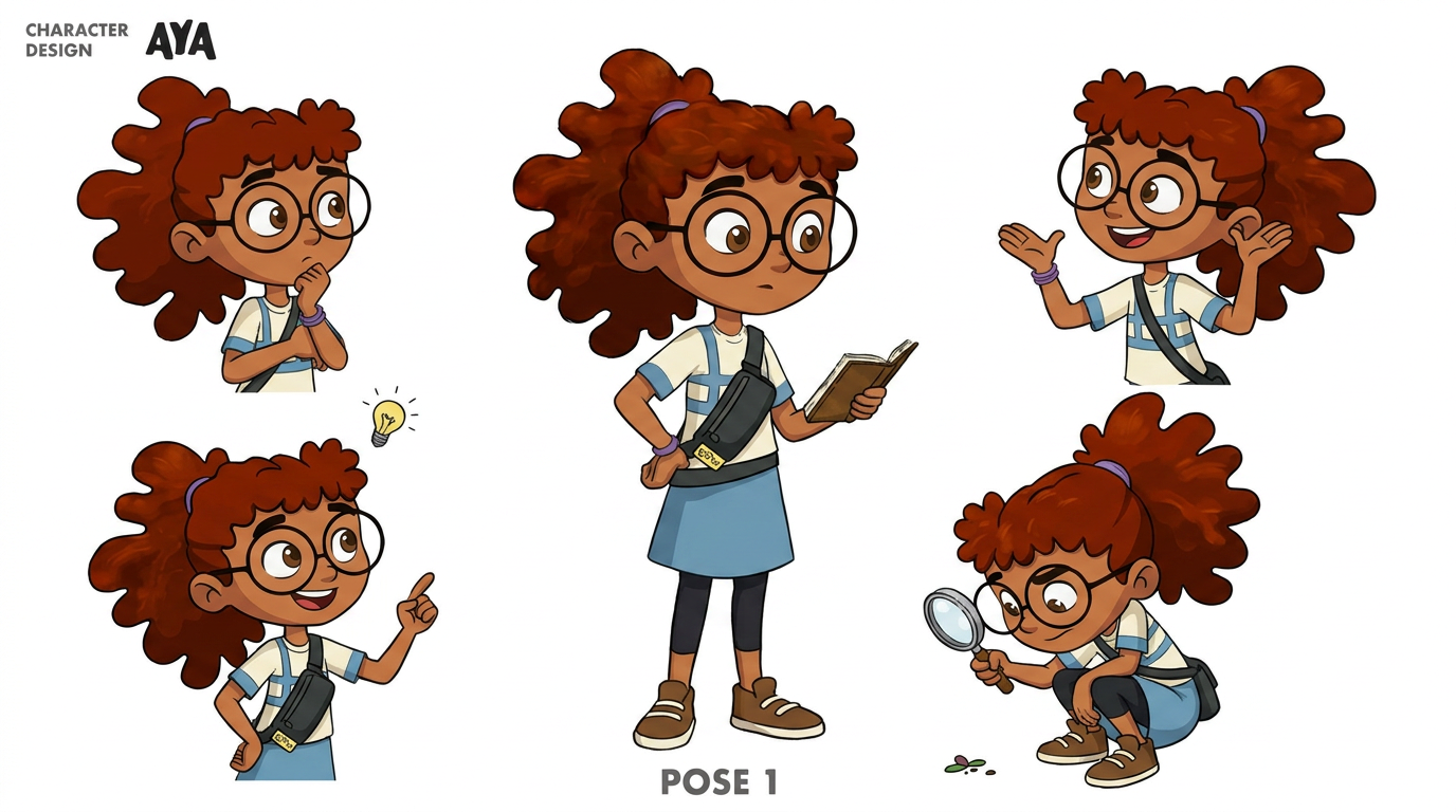 AI Design for revise the character in the first image in every pose shown with the version of the character shown in the second image, insure the bag looks exactly the same as the one shown in the second image. ensure accuracy and detail