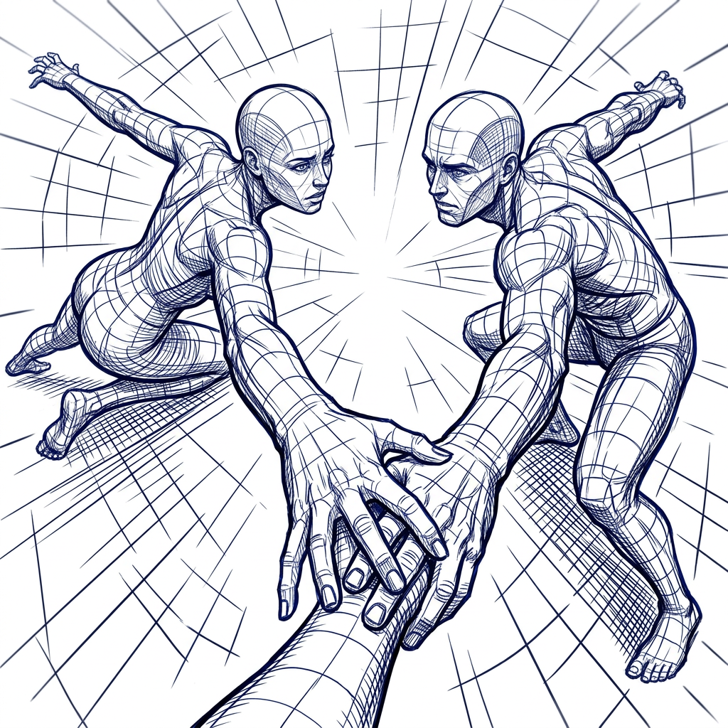 AI Design for make another version of this pose where a man and a woman look  in love but they look like they are trying to hold on to each other but being pulled apart. foreshortening pose, dynamic scene, bold composition