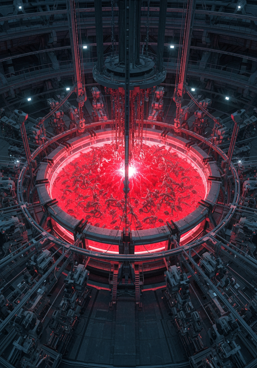 AI Design for Style: Ultra-realistic cinematic science fiction horror, biomechanical dark fantasy, industrial cosmic horror, AAA game concept art, Unreal Engine 5 quality, photorealistic, physically-based rendering (PBR), Octane Render, cinematic volumetric lighting, highly detailed environmental storytelling, believable engineering, grounded futuristic technology.
Global Art Direction (Applies to All Illustrations)
Create a collection of seven interconnected environmental concept illustrations depicting a world consumed by an advanced techno-organic virus known as The Fleshgrinder Program. The visual language should feel like a believable fusion of hard science fiction, industrial horror, biotechnology, military dystopia, and biomechanical evolution, avoiding fantasy clichés or random organic growths.
The virus is not magical—it is an advanced self-improving techno-biological intelligence using quantum computation, nanotechnology, accelerated evolution, robotics, synthetic biology, and molecular manufacturing.
Every machine should appear engineered with a logical function.
Avoid generic AI "organic tentacle" aesthetics.
Technology should appear purpose-built, modular, industrial, functional and mechanically plausible.
Architecture should resemble abandoned industrial laboratories, research complexes, military facilities, manufacturing plants and underground infrastructure.
Every environment should tell a story through scattered equipment, warning lights, blood stains, abandoned machinery, damaged electronics, exposed conduits, coolant pipes, nutrient tubes, mechanical actuators, hydraulic systems, robotic manipulators and industrial maintenance platforms.
Lighting should emphasize atmosphere:
crimson biological energy
sterile emerald diagnostics
cold industrial white work lights
faint blue quantum processing nodes
volumetric fog
dust
smoke
floating spores
sparks
coolant leaks
No oversized fantasy organs.
No glowing magic.
Everything must appear technologically believable.
Illustration 1 — The Genesis Chamber (Main Menu Artwork)
Scene
The central technological heart of the Fleshgrinder Program.
This is an immense quantum-biological synthesis machine occupying a massive underground chamber.
At the center stands an enormous circular incubation chamber suspended inside concentric industrial rings.
Within the chamber floats a dense crimson quantum-biological medium where new organisms are being assembled molecule by molecule.
The chamber radiates unstable red energy while surrounded by hundreds of robotic manufacturing systems.
The device should clearly communicate that this machine is simultaneously:
supercomputer
DNA foundry
evolutionary simulation engine
nanofabrication system
artificial womb
The illustration MUST clearly show:
Quantum Computing Nodes
Massive cylindrical processing towers
Cryogenic quantum cores
Fiber optic data bundles
Photonic computing arrays
Superconducting cooling loops
Blue-white processing lights
Quantum error correction modules
Entangled processing lattice
Dense computational infrastructure
Submolecular Reconfiguration Matrix
High precision robotic nanomanipulators
Atomic-scale fabrication arrays
Microscopic assembly lasers
Magnetic molecular positioning systems
Adaptive fabrication arms
Microscopic injector arrays
Electromagnetic containment grids
Specialized Nutrient Circulation System
Large transparent nutrient reservoirs
Circulating blood-like synthetic fluid
Metallic suspension compounds
Organic nutrient pumps
Industrial filtration systems
Large vascular pipelines
Transparent biological tubing
Peristaltic pumping mechanisms
Pressure regulation valves
Biochemical monitoring stations
Evolution Analysis Systems
Thousands of holographic displays
Genetic sequencing interfaces
Evolutionary branching diagrams
Behavior simulation graphs
Predatory adaptation models
Threat analysis monitors
Digital consciousness mapping
Mutation progression visualization
Mechanical Details
Industrial catwalks
Maintenance cranes
Hydraulic pistons
Servo assemblies
Mechanical actuators
Power conduits
Cooling towers
Gigantic transformers
Energy capacitors
Maintenance drones
Repair robots
Suspended service platforms
Color Language
Green = computation, diagnostics, mechanical control
Red = biological manipulation, synthesis, mutation
Blue = quantum computing infrastructure
White = sterile laboratory systems
Overall feeling:
The machine should feel like the technological equivalent of a cathedral built for creating synthetic evolution.