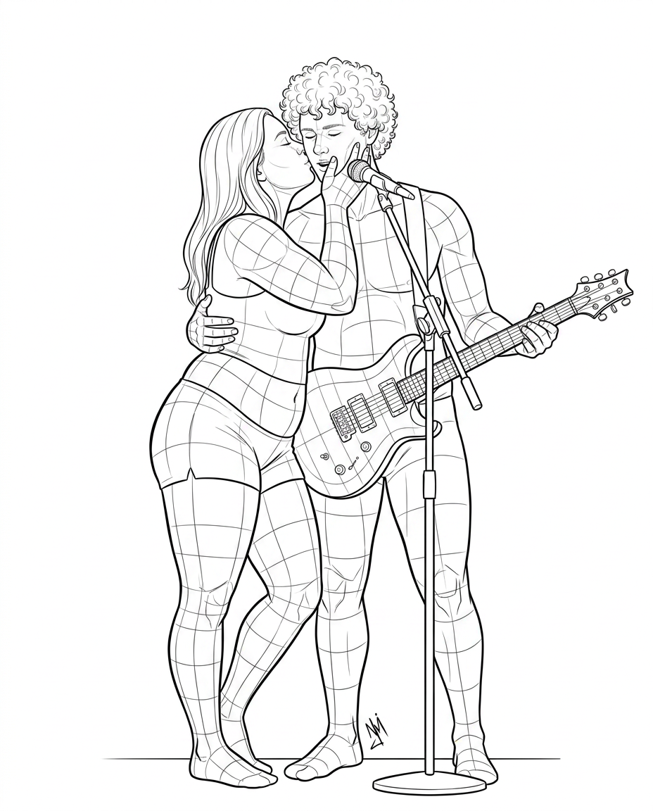AI Design for i want you to make a lineart illustration of the people in the pose in the first image in the same art style as the second image but it will be curvy people. no background. only the people, guitar and mic and mic stand. the right hand of the woman will be holding the side of the man's face while she kisses his cheek as he sings