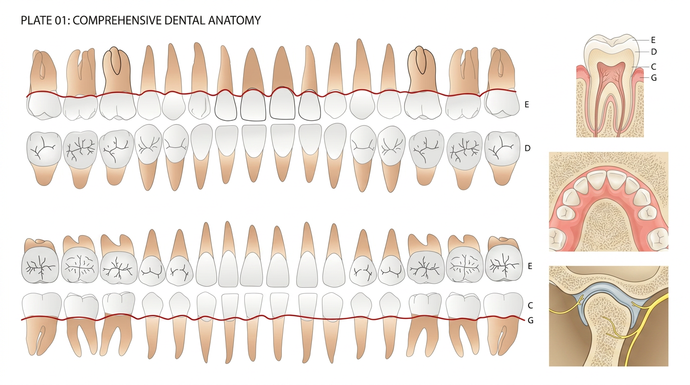 AI Design for Create illustrations that match the quality of:

professional anatomy atlases
surgical textbooks
dental education illustrations
medical reference software
radiology atlases
clinical anatomy manuals

The visual appearance should resemble premium medical illustration rather than stock illustration or cartoon artwork.

The illustrations should have:

anatomically accurate proportions
realistic morphology
soft natural clinical colors
extremely clean vector linework
subtle medical gradients
minimal soft shading
realistic enamel translucency
correct gingival anatomy
realistic cancellous bone texture
no exaggerated features
no comic styling
no painterly brush strokes
no sketch effect

Overall appearance:

Modern medical illustration + Adobe Illustrator vector artwork + scientific atlas quality.

MASTER DESIGN LANGUAGE

Maintain identical illustration style throughout every asset.

Every illustration must share:

same stroke weight
same line quality
same color palette
same anatomical proportions
same rendering style
same lighting direction
same material rendering
same perspective system

The user should immediately recognize that every illustration belongs to one coherent medical illustration library.

COLOR PALETTE
Enamel

Soft ivory

Very light warm white

Slight translucency near incisal edge

Subtle grey occlusal anatomy

Dentin

Warm cream

Light yellow tint

Only subtly visible

Cementum

Very pale beige

Root

Natural ivory

Slight warm tone

Gingiva

Healthy coral pink

Slight color variation

Attached gingiva slightly lighter

Marginal gingiva slightly darker

Papilla slightly saturated

Bone

Warm ivory

Light beige

Fine trabecular texture

Very subtle

Cortical bone

Smooth

Dense

Warm off-white

Maxillary sinus

Light grey

Slight transparency

TMJ cartilage

Light bluish grey

Nerves (optional)

Soft yellow

Background

Pure white

Transparent SVG

No shadows

No textures outside anatomy