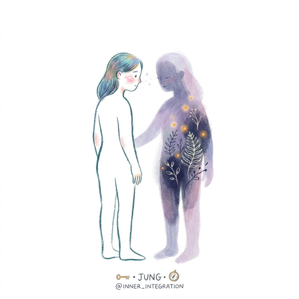 AI Design for (follow art style of attached image)Minimal symbolic illustration exploring Jungian shadow work and inner integration. A solitary human silhouette standing before a soft translucent shadow version of themselves, not frightening but contemplative and compassionate. The shadow gently mirrors the person, representing forgotten emotions, suppressed memories, and unseen parts of the psyche. Use poetic visual metaphors: fragments of darkness transforming into delicate botanical forms, small glowing points emerging from within the shadow, suggesting awareness and healing.

Composition: centered, spacious, quiet, with large areas of negative space. Elegant minimal arrangement, emotionally intimate, suitable for a mental wellness workshop poster.

Style: refined editorial illustration, delicate hand-drawn quality, subtle organic imperfections, poetic symbolism, calm psychological atmosphere, minimalist storytelling.

Mood: introspective, safe, compassionate, transformative.

Avoid: horror imagery, dramatic darkness, fear, trauma depiction, realistic portrait details..only illustration on solid white background
