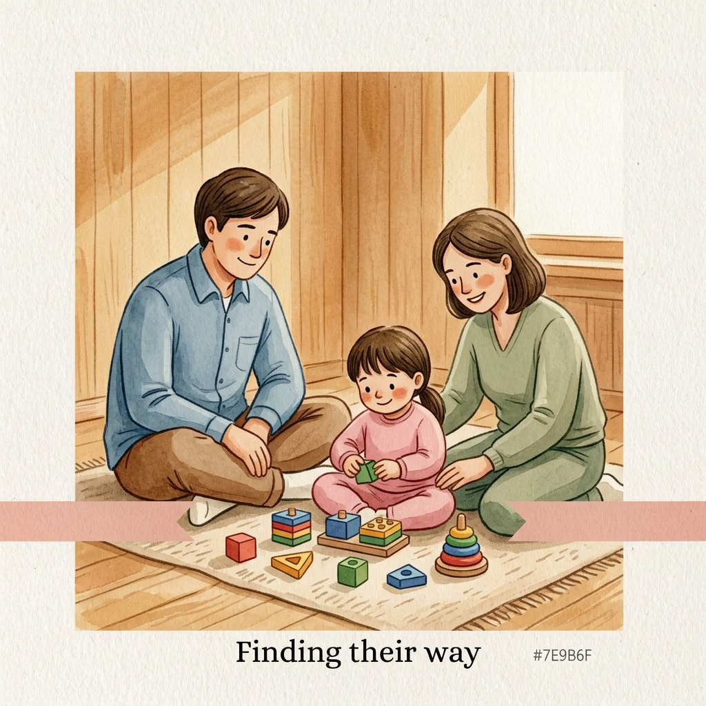 AI Design for BOARD 3 PROMPT
“Finding their way”
AI Image Generation Prompt:
A square handcrafted watercolor and gouache illustration showing the child beginning to discover confidence.
Use the exact same parent, child, and therapist characters from previous boards.
The therapist wearing warm sage clothing and the child wearing pink are now actively engaged together in a playful shared activity. They sit together on the floor or at a low wooden table. They are stacking simple wooden blocks, sorting shapes, arranging pictures, or playing a gentle creative game.
The activity must feel playful and natural, never clinical.
The child is participating willingly, showing a small genuine smile and curiosity. The therapist supports but does not control. The parent in warm blue clothing sits nearby watching with encouragement and pride.
The child's posture is more open: sitting upright, looking outward, hands actively exploring.
The soft ground ribbon continues.
Emotion:
Tentative confidence, discovery, connection, first meaningful progress.
Colour:
Noticeably brighter than previous boards. Warm honey tones, richer sage, more light entering the scene. Still restrained and harmonious.
Composition:
The child and therapist are the visual focus. Parent remains nearby but secondary.
Style:
Painterly editorial illustration, handmade texture, watercolour washes, gouache layers, subtle ink outlines, warm natural interior aesthetic.
Avoid:
clinical therapy tools
classroom environment
exaggerated happiness
cartoon characters