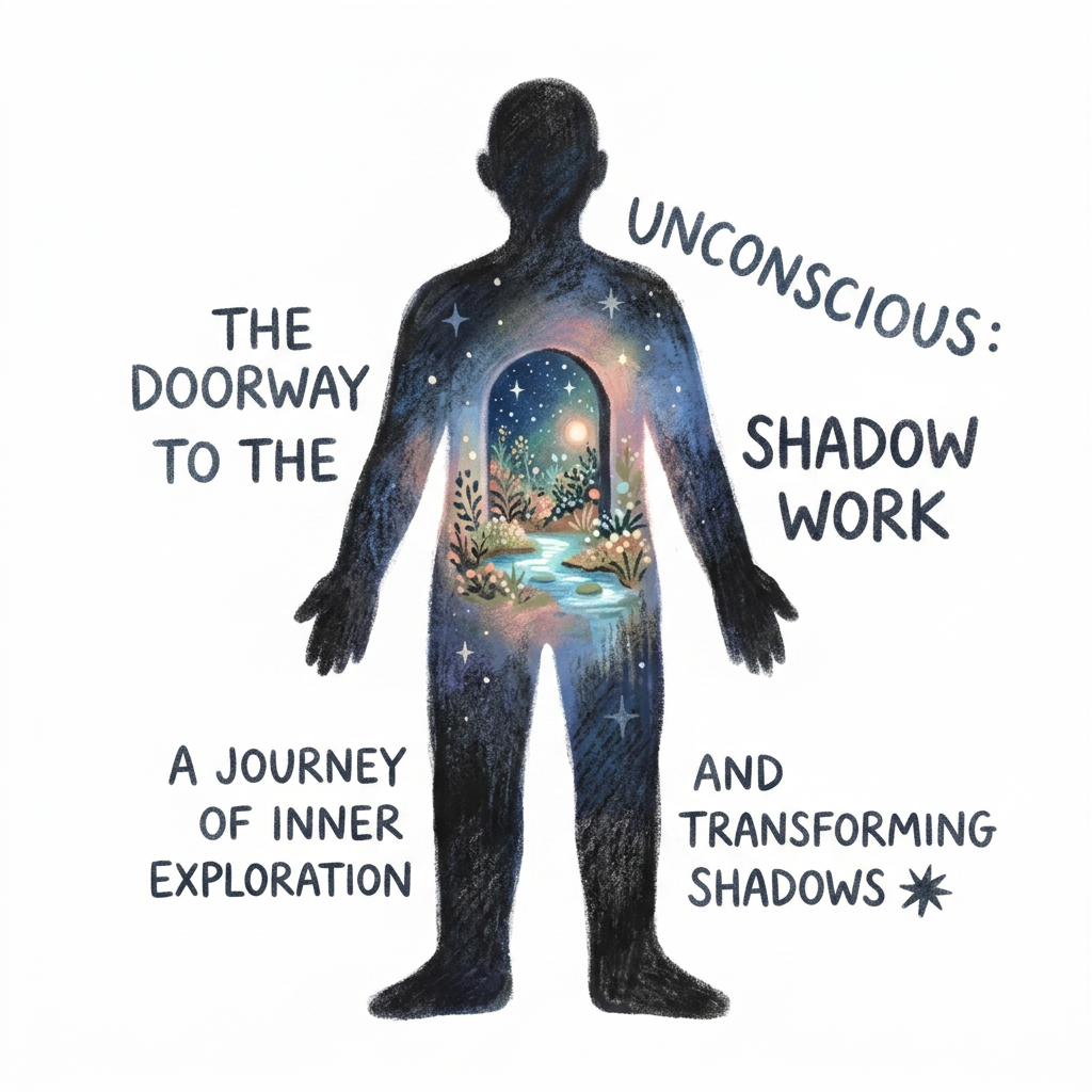 AI Design for (follow art style of attached image)A minimal symbolic illustration of a small doorway inside a person's silhouette. Beyond the doorway is a mysterious but peaceful inner landscape filled with stars, plants, water, and soft light. The doorway represents entering the unconscious mind through shadow work.

The contrast between outside and inside should feel gentle and inviting, representing exploration rather than fear.

Composition: simple icon-like structure with poetic depth.

Style: minimalist surreal illustration, fine artistic details, calm therapeutic visual identity, contemporary mindfulness artwork.

Mood: courage, exploration, transformation. only illustration on solid white background
