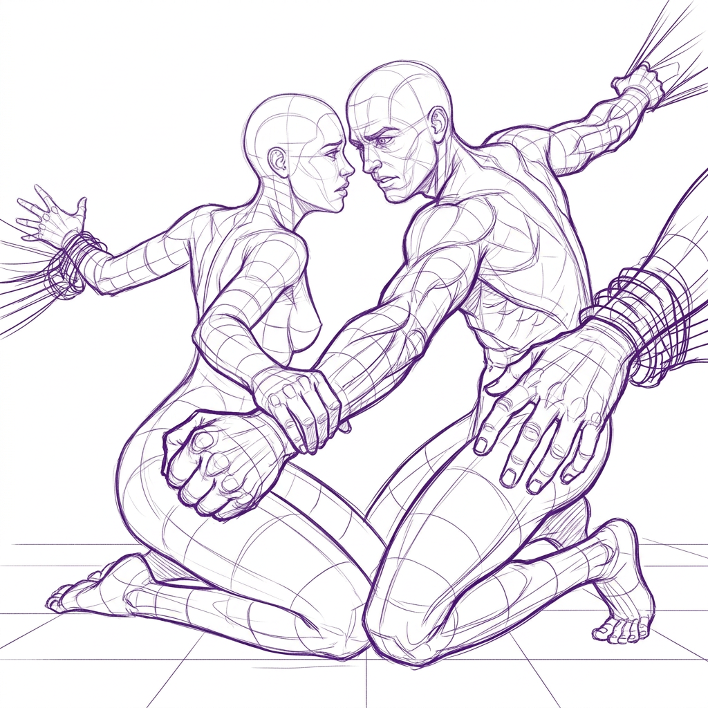 AI Design for make another version of this pose where a man and a woman look  in love but they look like they are trying to hold on to each other but being pulled apart. foreshortening pose, dynamic scene, bold composition