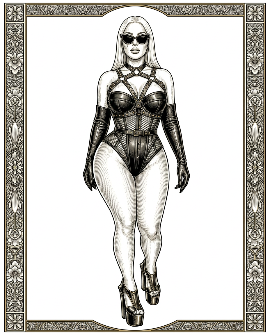 AI Design for Create a highly detailed, vintage styled print illustration inspired by the reference subject while preserving her recognizable facial features, platinum-blonde hair, curvy silhouette, confident stance, and overall likeness. Dress the subject in an avant-garde haute couture ensemble featuring structured leather-inspired sexy lingerie, corsetry, tailored gloves, no pants. geometric harness-inspired fashion details, metallic accents, dramatic platform heels, and oversized cat-eye sunglasses. Emphasize confidence, power, sophistication, and high-fashion styling rather than explicit or sexual themes. Ultra-high detail, crisp clean linework, balanced composition, print-ready quality, intricate decorative borders, no text. 8K resolution, professional illustration. no background only illustration on solid white background