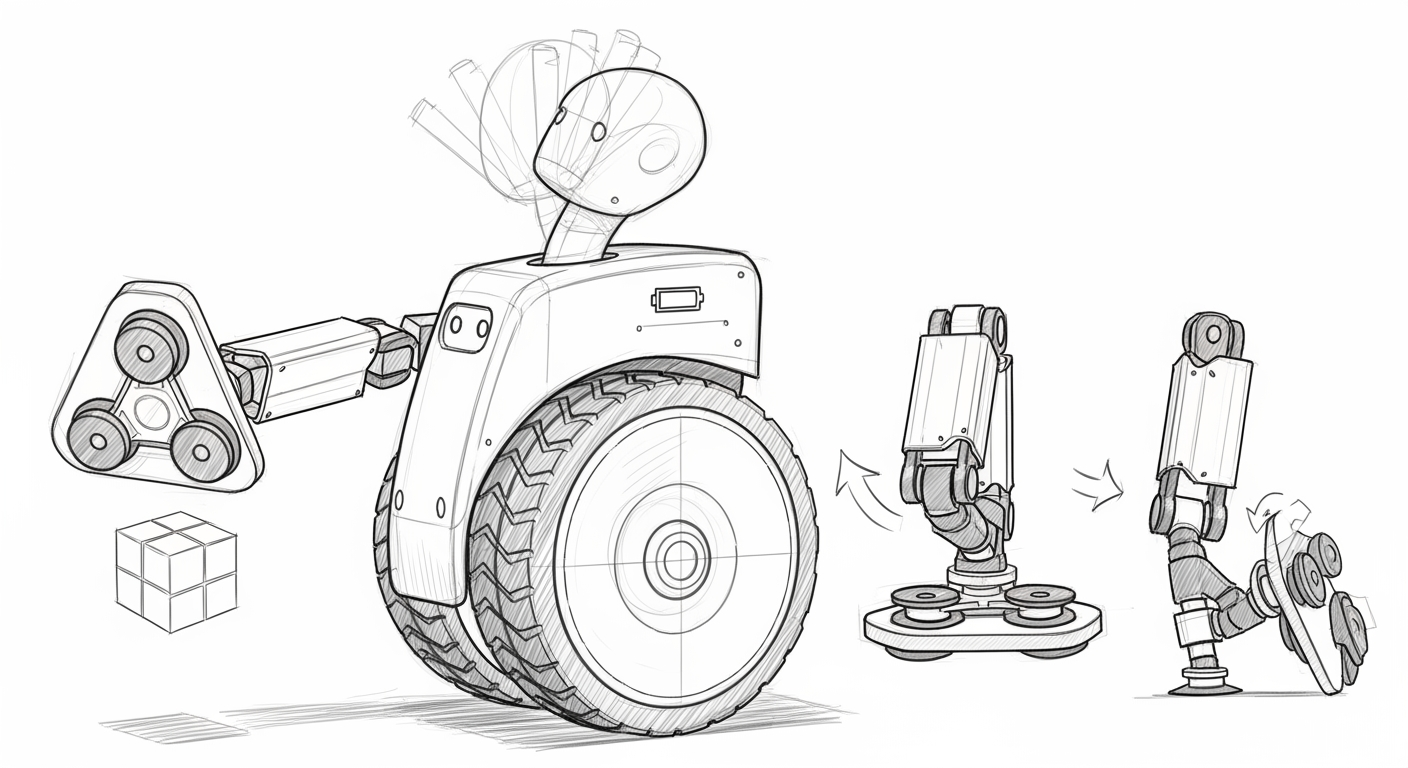 AI Design for make updates to the sketch according to this feedback ''I would like to make one change to the end effectors. I am not completely convinced by the current hands/claws. Could we try a simpler system with three small suction cups arranged in a triangle on a compact rigid pad?
The suction cups would grasp the cube from its sides, without fingers or hooks. The rigid housing around or behind them should still be able to push against the floor when the robot is recovering.
I also still do not understand the current resting position of the arms. I cannot clearly follow the chain from the shoulder to the upper arm, elbow, forearm and end effector. Some parts appear to overlap with the body or wheel, and the position seems inconsistent with the front and back views.
Could you simplify it and show a short folding sequence using exactly the same arm segments and joints? Ideally, the shoulders would return below the neck, the arms would fold naturally along the sides of the body, and the suction pads would rest in a clearly defined position without interfering with the wheel.
For the 3D modeler, could you also add:
- a top view;
- a simple scale reference or main dimensions relative to the 1 × 1 × 1 cube;
- a clearer indication of the head and neck movement;
- confirmation of the shoulder sliding path and arm pivot points;
- confirmation that the outer wheel rotates around a fixed central hub containing the battery indicator.
You do not need to design the complete rig or solve all the engineering details. I mainly need the intended moving parts and their relationships to remain clear and consistent across every view.
Small update: the 3D artist has now confirmed that the current sheet provides enough information for the modeling, so you can disregard my requests for additional views and technical details.
Please only focus on the two remaining points: the three-suction-cup end effectors and a clearer, mechanically consistent resting/folding position for the arms.