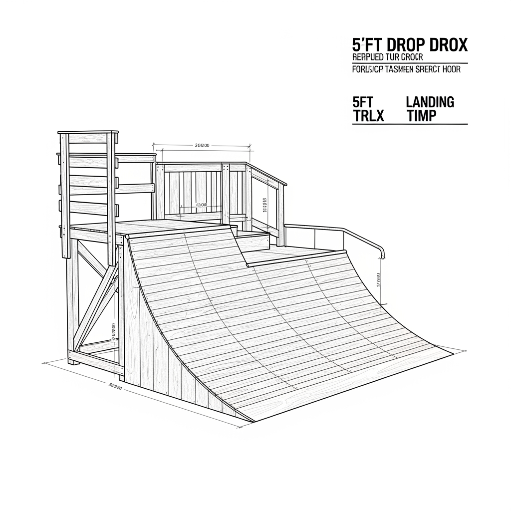 Dimensions recommandées

Pour un drop de 5 pieds :

Hauteur : 5 pieds
Plateforme du haut : environ 4 × 6 pieds minimum
Rampe d’accès : 6 à 10 pieds de long
Réception : idéalement une pente descendante, pas du plat
Matériaux
Structure
Madriers 2x6 ou 2x8 traités
Poteaux 4x4 pour les coins
Vis à bois extérieures
Équerres métalliques
Surface
Contreplaqué extérieur 3/4"
Optionnel : grillage métallique ou peinture antidérapante
Structure de base
1. Base

Fais un rectangle solide avec les 2x6 :

Renforts transversaux tous les 12–16 pouces
Mets les 4x4 dans les coins
2. Supports

Ajoute des diagonales :

Très important pour éviter le “wobble”
Mets-en des deux côtés
3. Plateforme

Visse le contreplaqué sur le dessus.

4. Rampe d’accès

Angle doux :

Plus la montée est longue, plus c’est facile
Tu peux faire une montée droite ou inclinée
5. Réception

Le plus important :

Fais une réception en pente avec de la terre compactée
Évite les réceptions complètement plates