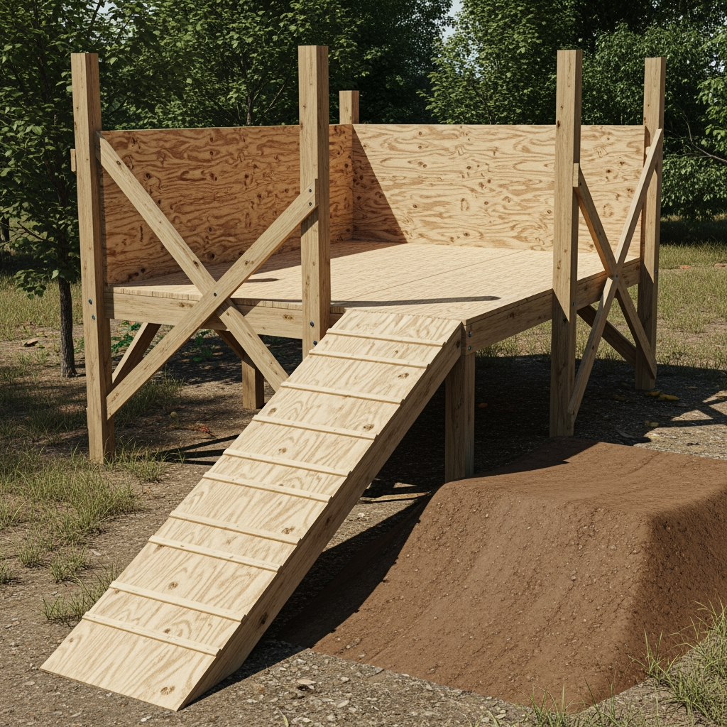 Dimensions recommandées
Pour un drop de 5 pieds :
Hauteur : 5 pieds
Plateforme du haut : environ 4 × 6 pieds minimum
Rampe d’accès : 6 à 10 pieds de long
Réception : idéalement une pente descendante, pas du plat
Matériaux
Structure
Madriers 2x6 ou 2x8 traités
Poteaux 4x4 pour les coins
Vis à bois extérieures
Équerres métalliques
Surface
Contreplaqué extérieur 3/4"
Optionnel : grillage métallique ou peinture antidérapante
Structure de base
1. Base
Fais un rectangle solide avec les 2x6 :
Renforts transversaux tous les 12–16 pouces
Mets les 4x4 dans les coins
2. Supports
Ajoute des diagonales :
Très important pour éviter le “wobble”
Mets-en des deux côtés
3. Plateforme
Visse le contreplaqué sur le dessus.
4. Rampe d’accès
Angle doux :
Plus la montée est longue, plus c’est facile
Tu peux faire une montée droite ou inclinée
5. Réception
Le plus important :
Fais une réception en pente avec de la terre compactée
Évite les réceptions complètement plates