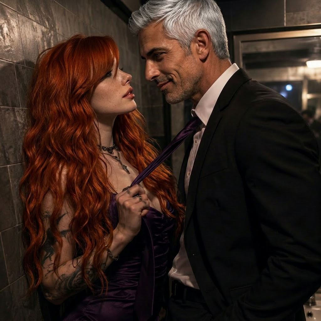 The woman keeps the same appearance and atmosphere as in the original image, but with a very specific hairstyle: his hair is parted clearly to one side, with a long, heavy fringe falling over one eye, giving him an elegant and slightly defiant look. His hair is long, thick, and highly voluminous, flowing in soft waves almost down to his waist. The wavy texture should feel natural and slightly untamed, adding movement and depth to his silhouette. The hairstyle must feel fully integrated into the scene and react naturally to his posture and the environment, while keeping his original expression and overall essence intact.