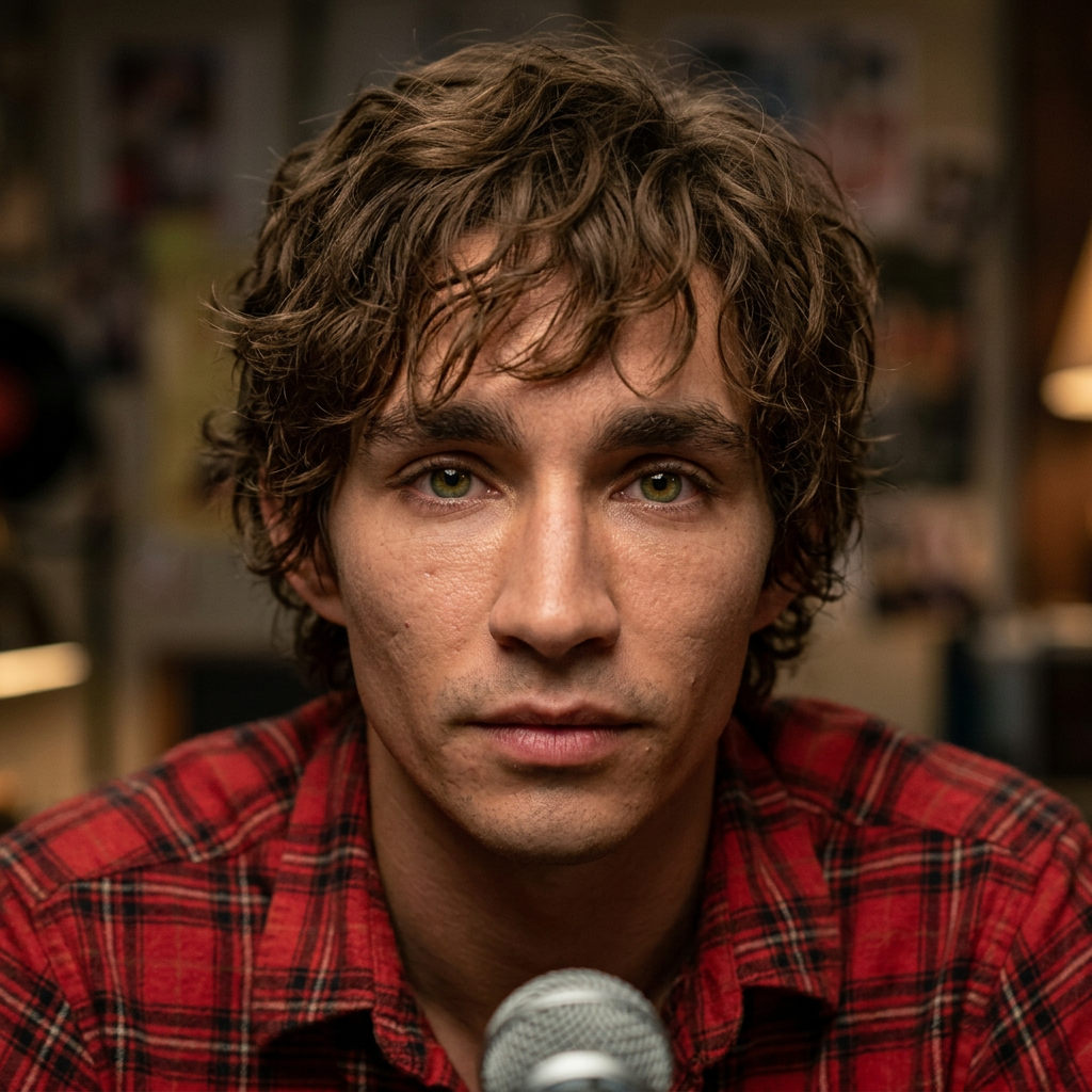 I want the person in the first picture to have the same hairstyle than the person in the second picture. Make him wear a red plaid flannel shirt, with olive green eyes with a sharp and intense gaze, brown and healthy not curly hair, natural and realistic appearance, cinematic lighting, detailed skin texture, casual but charismatic vibe, subtle shadows, highly detailed, grounded realism, atmospheric background, expressive face, authentic proportions, high quality photography style