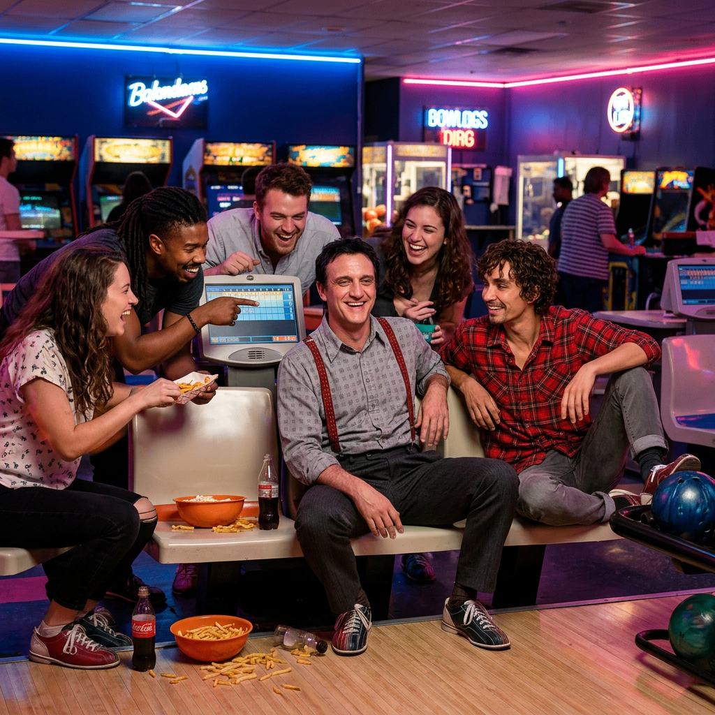 A lively group of friends hanging out in a neon-lit bowling alley at night, laughing and having fun. The central figure is the man from the second reference image, relaxed and charismatic, sitting confidently with a smile. Next to him is the person from the first reference image, similing while sitting relaxed and looking at the first person, and several other friends from the other reference images, all mid-laughter, joking, nudging each other, pointing at the scoreboard, and exchanging sarcastic expressions in a warm and chaotic group dynamic.
The atmosphere feels energetic, natural, and cinematic, with colorful reflections from the arcade lights bouncing across polished floors. Some friends are sitting on the benches eating fries and snacks, others leaning over each other dramatically reacting to a failed strike. Genuine chemistry between the characters, candid expressions, slightly messy poses, authentic friendship energy. Modern casual clothing, realistic proportions, highly detailed faces, cinematic photography style, shallow depth of field, dynamic composition, immersive environment, subtle motion blur, grounded realism, vibrant but cozy mood