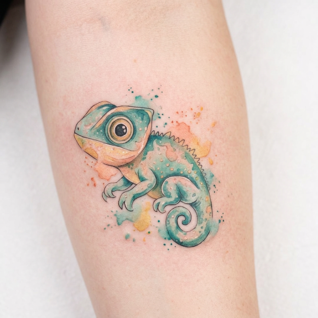 make this chameleon in watercolour as if in a tattoo. Not the flowers just the chameleon with watercolour tattoo art