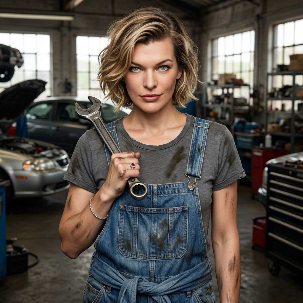 Make this person in the first picture with the same facial features, but with the hair as the second picture, parted to one side. She his wearing a overall blue, tied to the hip, and a simple grey t-shirt below. She is holding a spanner resting on her shoulder. She has the clothes a little bit dirty of engine oil, but she is looking at the camera with a confident and sexy look in her face. Car workshop background, natural lights
