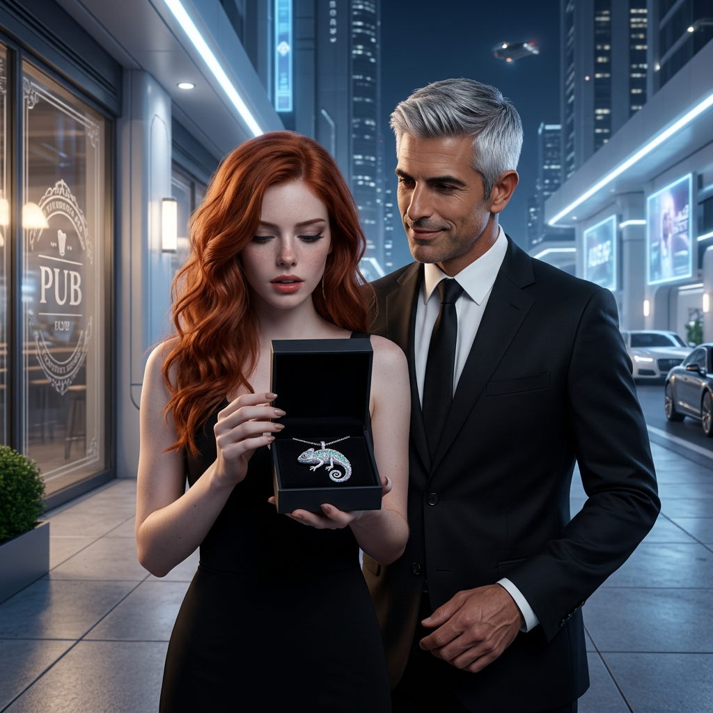 A cinematic photorealistic scene set at night in the pristine futuristic capital of a vast sci-fi empire. The streets are perfectly clean, elegant and completely safe, illuminated by soft white and blue architectural lighting reflecting on polished pavement. In front of an upscale futuristic pub, a beautiful red-haired young woman named Cass stands wearing a sophisticated black evening dress. Her long wavy red hair, parted to one side, frames her face naturally in the cold night air. She has just opened a small matte black jewelry box and is staring silently at the delicate silver chameleon pendant inside, her expression caught between lingering annoyance, emotional surprise, vulnerability and reluctant warmth, as if someone has unexpectedly understood her on a deeply personal level.
Standing close to her is Giovanni Salieri, an elegant and charismatic man with refined Italian features, silver hair neatly styled back, dark expressive eyes and a warm but subtle smile. He wears a perfectly tailored black suit and watches Cass carefully, clearly satisfied that the gift meant something to her. His posture is relaxed and graceful, radiating theatrical charm and intelligence.
The atmosphere should feel intimate, emotionally charged and cinematic rather than romanticized. The city around them feels advanced, wealthy and secure, with sleek futuristic towers, soft holographic advertisements, luxury vehicles in the distance and calm urban silence. Focus heavily on facial expressions, emotional tension and body language. The silver chameleon pendant must look exquisitely handcrafted and symbolic, resting inside the open jewelry box under the city lights. Ultra detailed, realistic lighting, shallow depth of field, subtle reflections, high-end sci-fi drama aesthetic.
