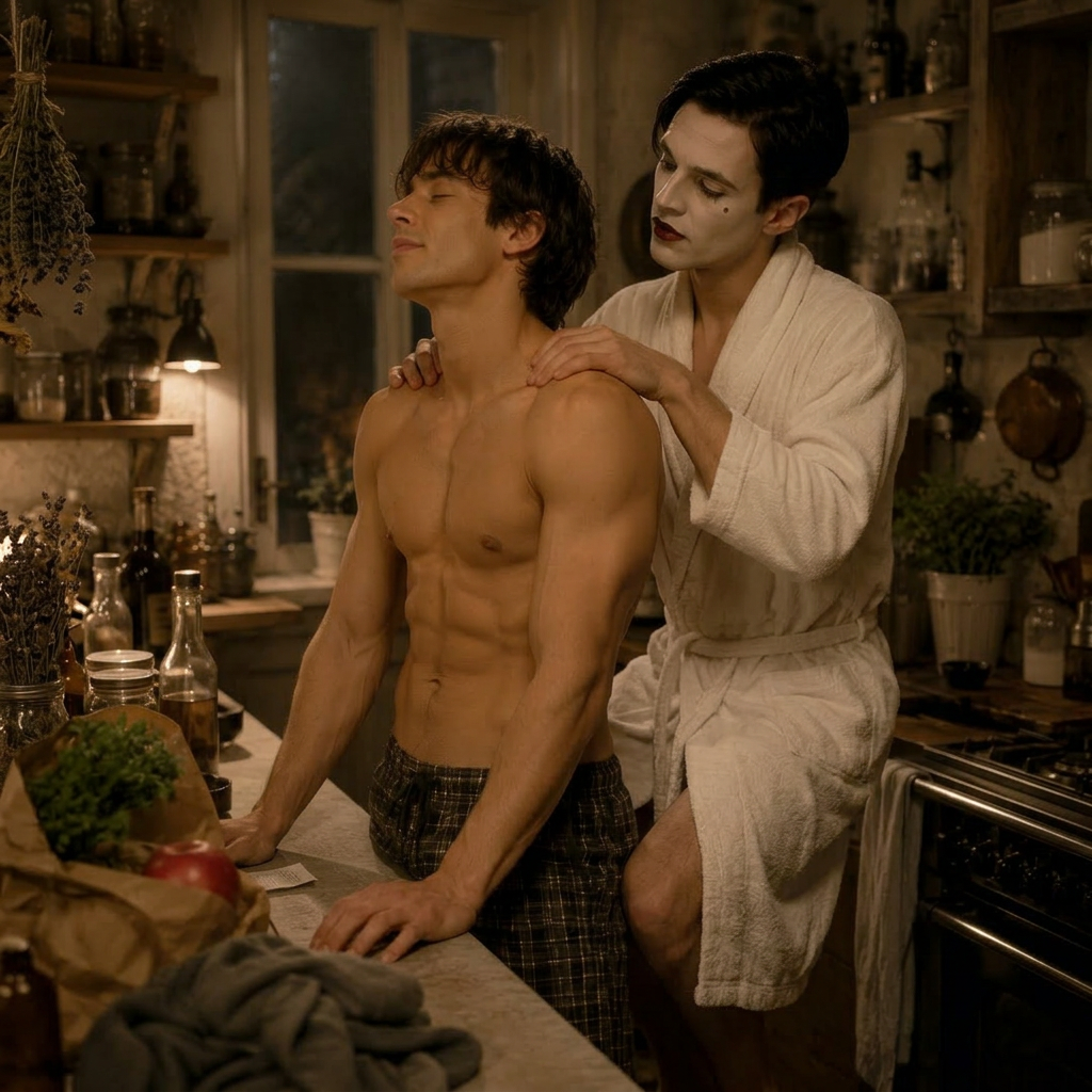 Keep the general features of both persons, but make the one making the massage to be sitting on the countertop, and being smaller than the person in front of him. The other person is still receiving the massage, with the same expression and both the same facial features