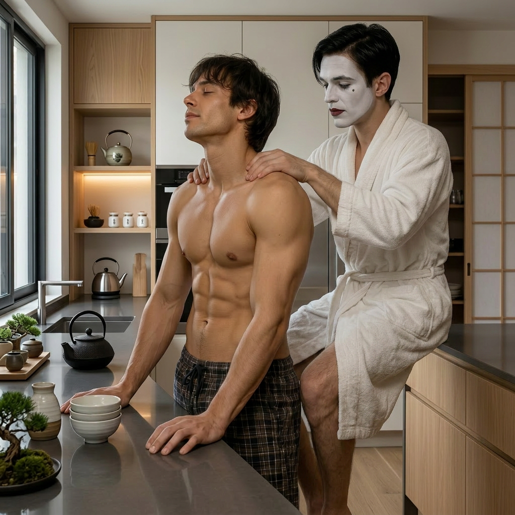 Make the second person to be seated in the counter behind him, and the first person receiving the massage away from the counter in front of him