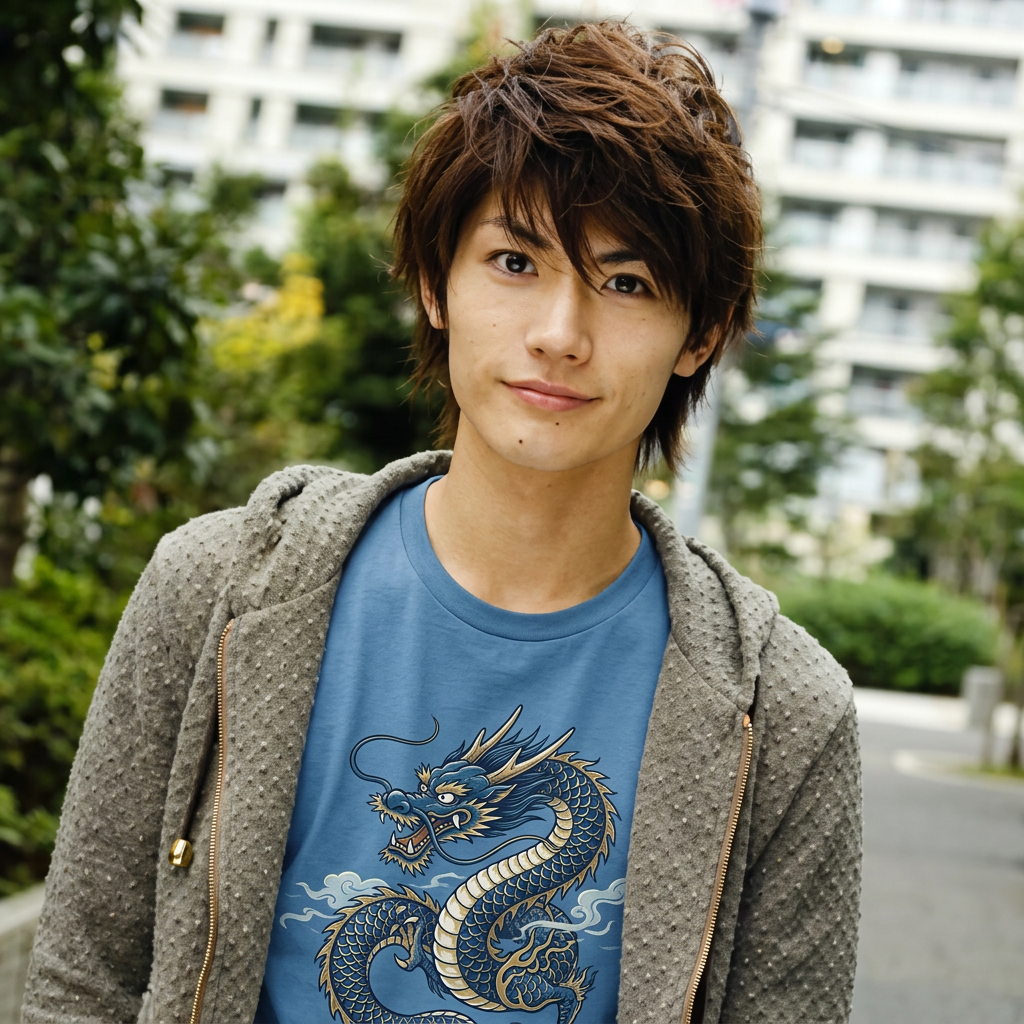 AI Design for enhance this image, do not change de facial features, make this person wear a cool blue t-shirt with an oriental dragon in it