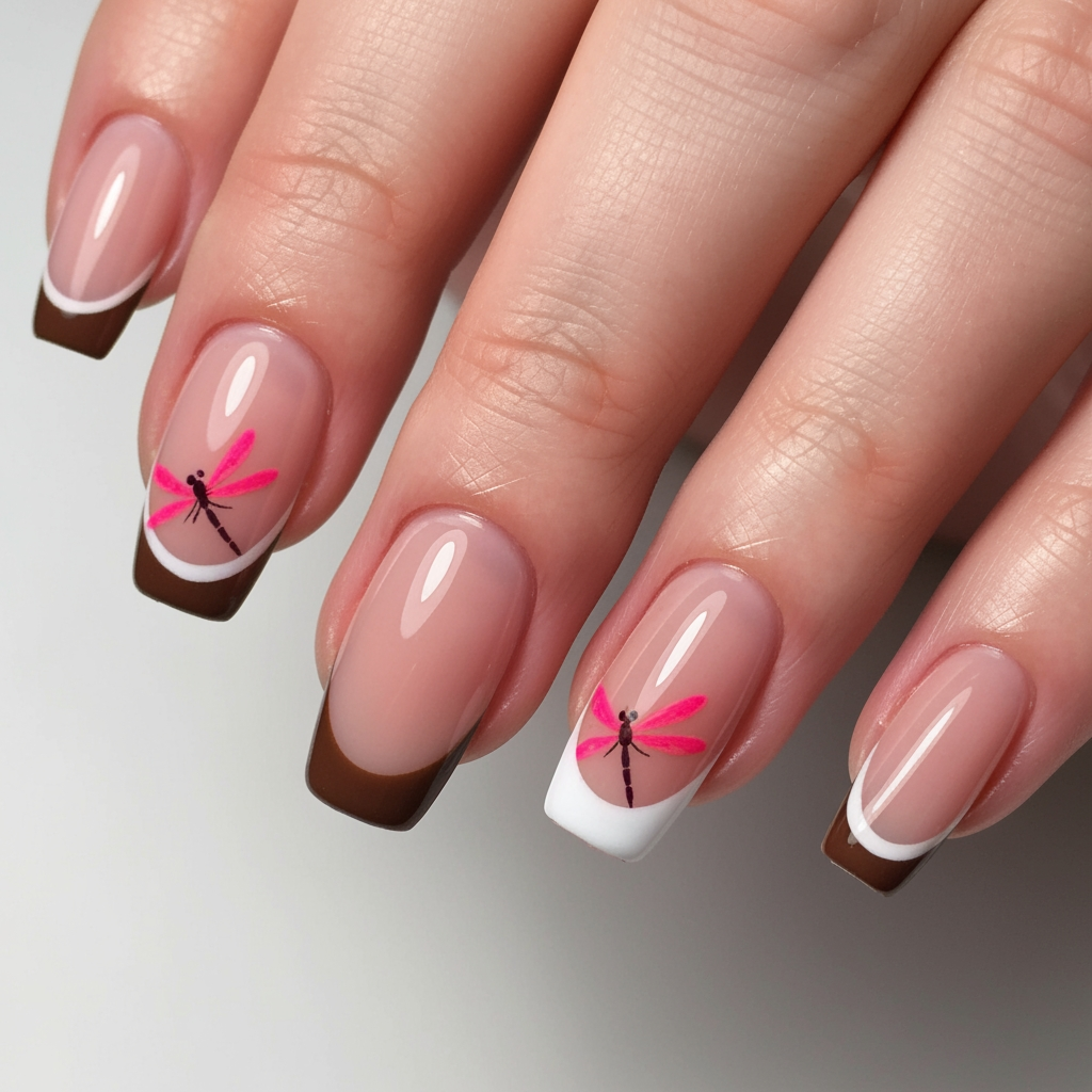 AI Design for take the original image and change the French tip to brown and keep the 2-D dragonfly nail designs pink instead of brown keep the nude base and change nothing else