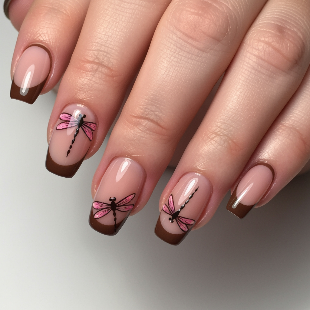 AI Design for take the original image and change the French tip to brown and keep the 2-D dragonfly nail designs pink instead of brown keep the nude base and change nothing else