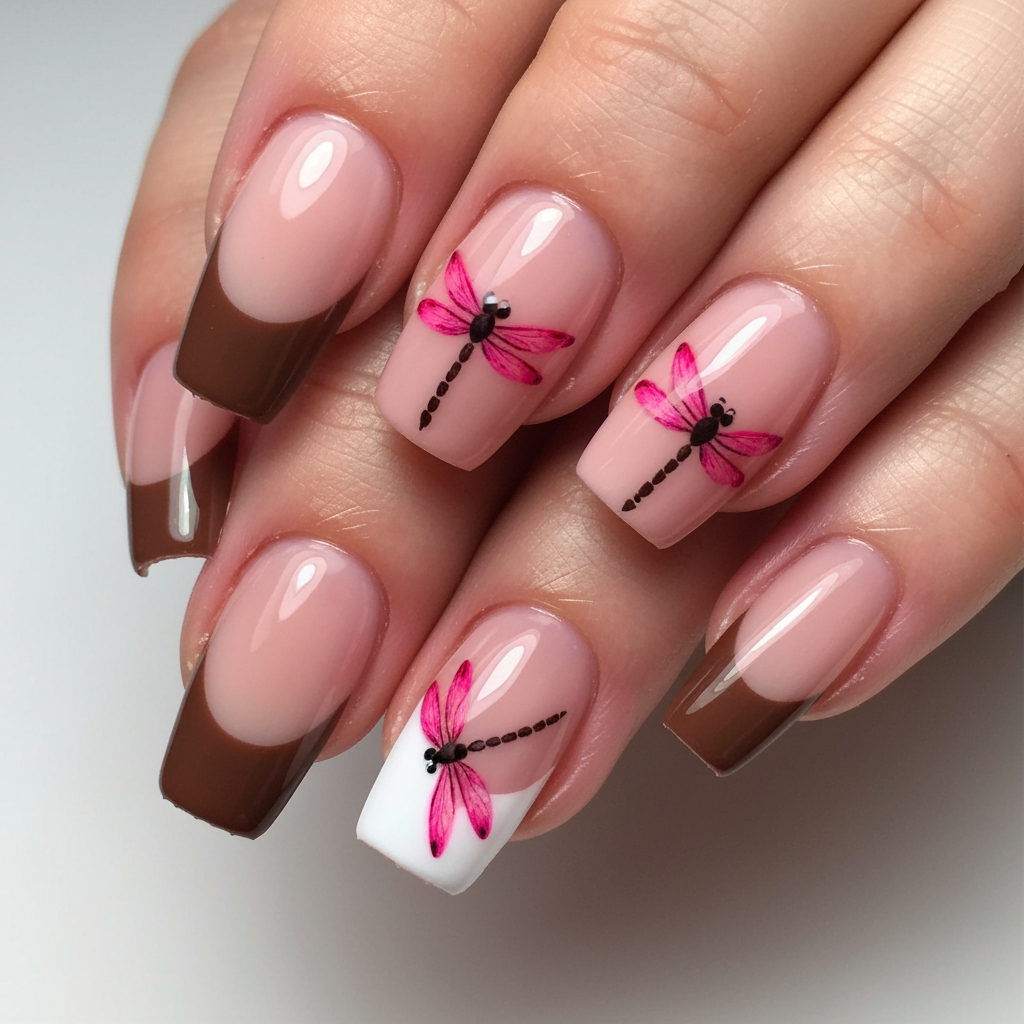 AI Design for take the original image and change the French tip to brown and keep the 2-D dragonfly nail designs pink instead of brown keep the nude base and change nothing else