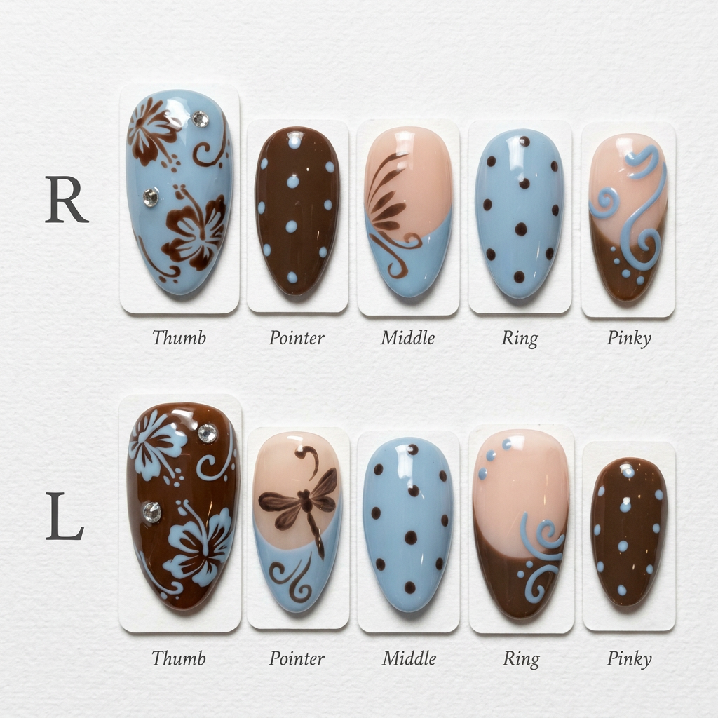 AI Design for make a clean guide for the nails. make sure each nail matches the fingers in this photo