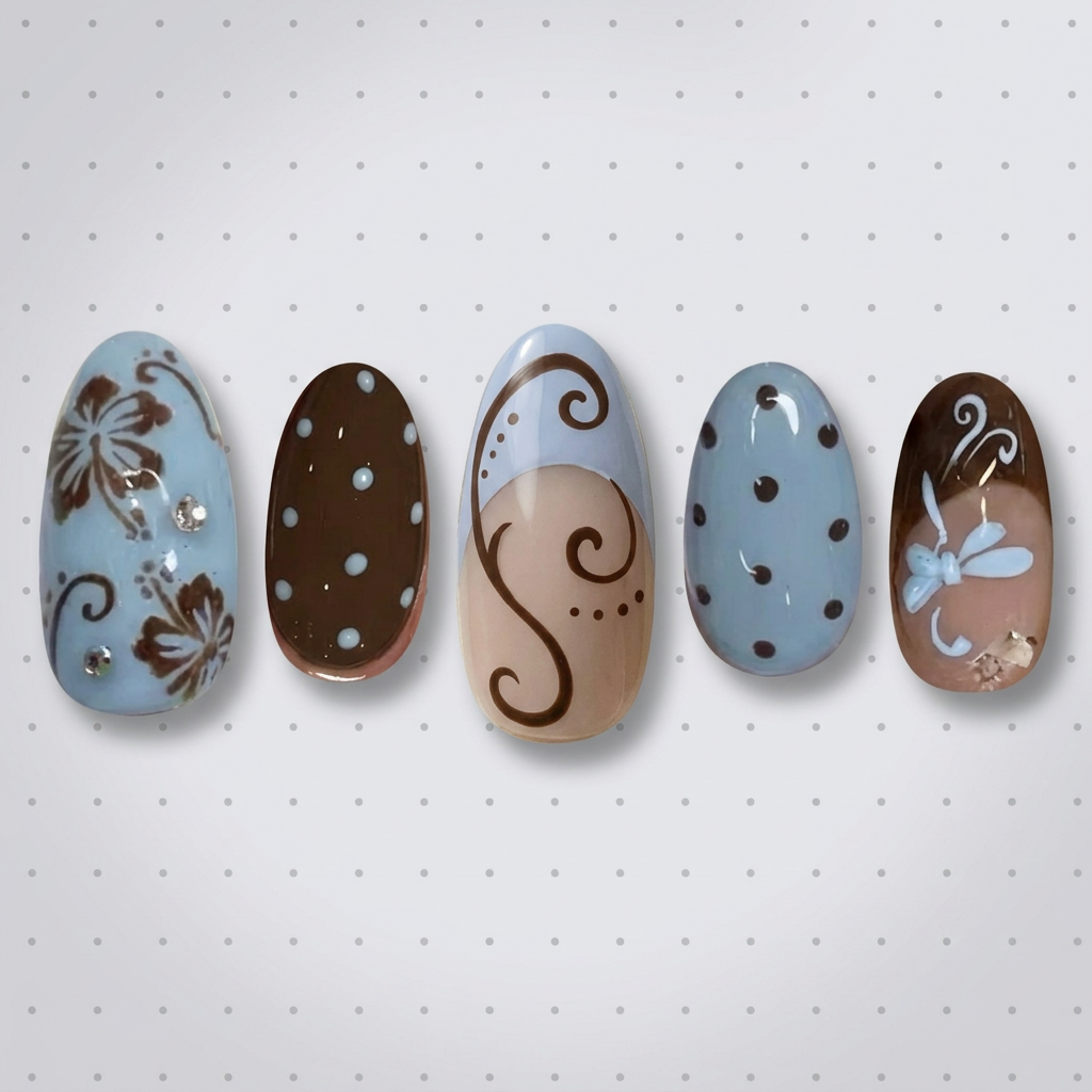 AI Design for make the middle now the same nail size and shape as the other ones are the same set. Do not change the designs or anything else about the other four nails.