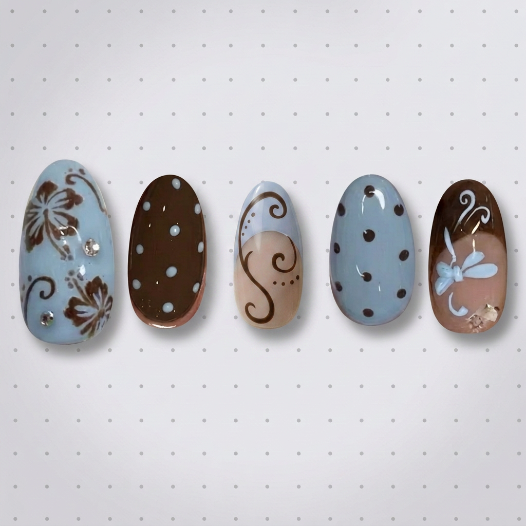 AI Design for make the middle now the same nail size and shape make the third now the same size as the second fourth and fifth now change nothing elseas the other ones are the same set. Do not change the designs or anything else about the other four nails.